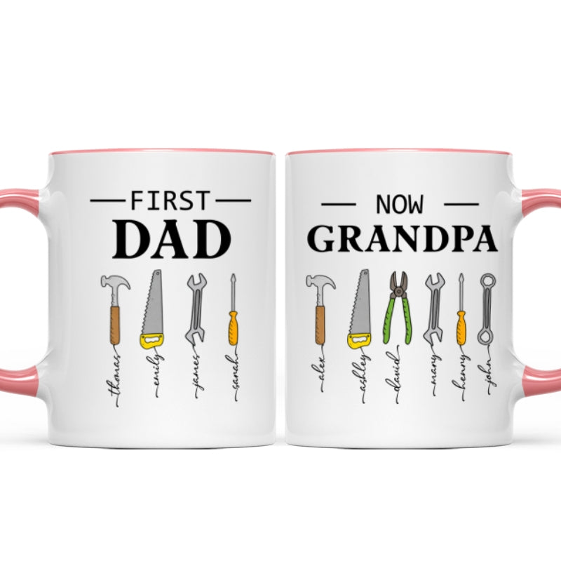 First Dad Now Grandpa Garage Tools Custom Kids Names - Personalized Mug - Father's Day Gift For Mechanic Dad, Grandpa