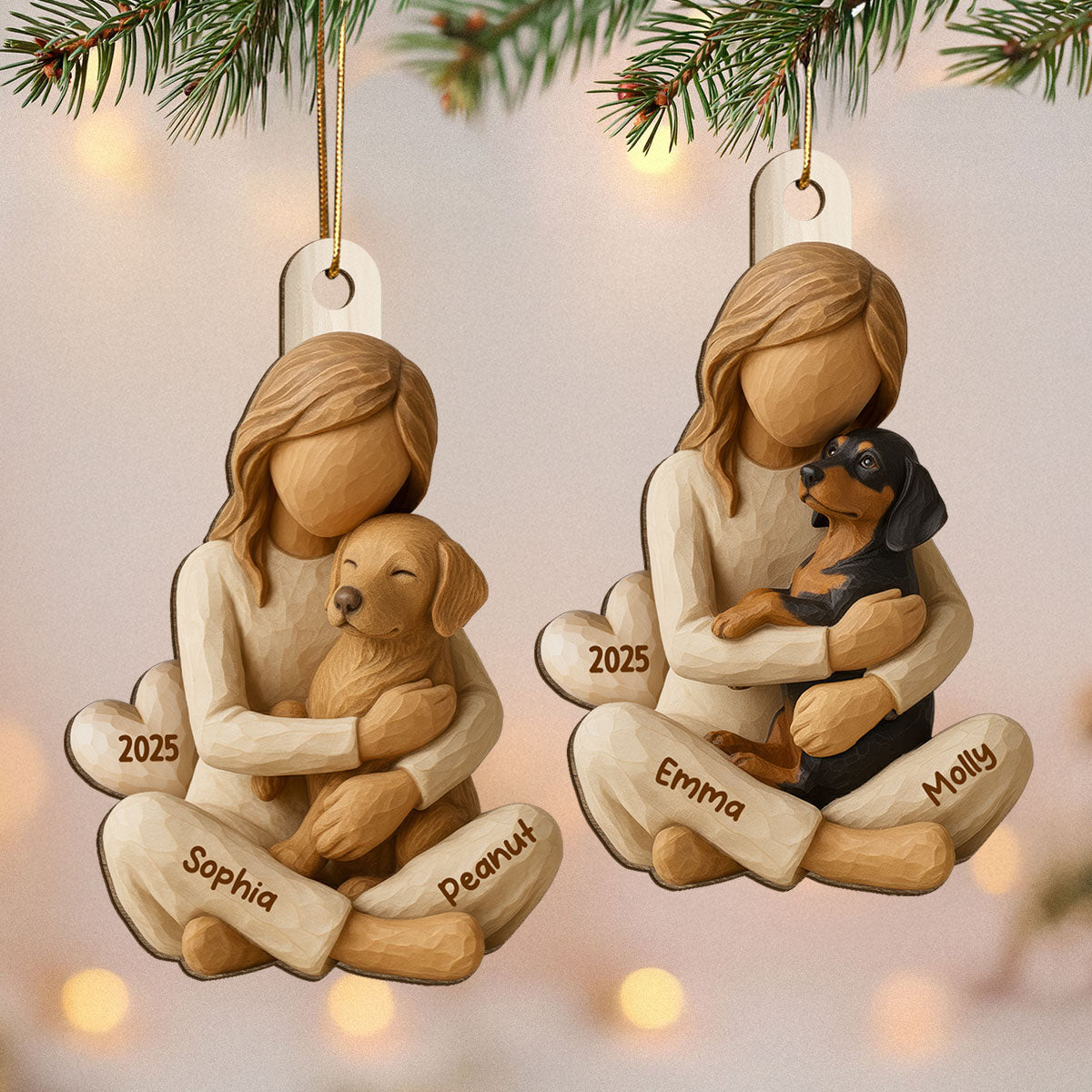 3D Effect Girl & Her Dog - Personalized Wooden Ornament - Gift For Dog Lover