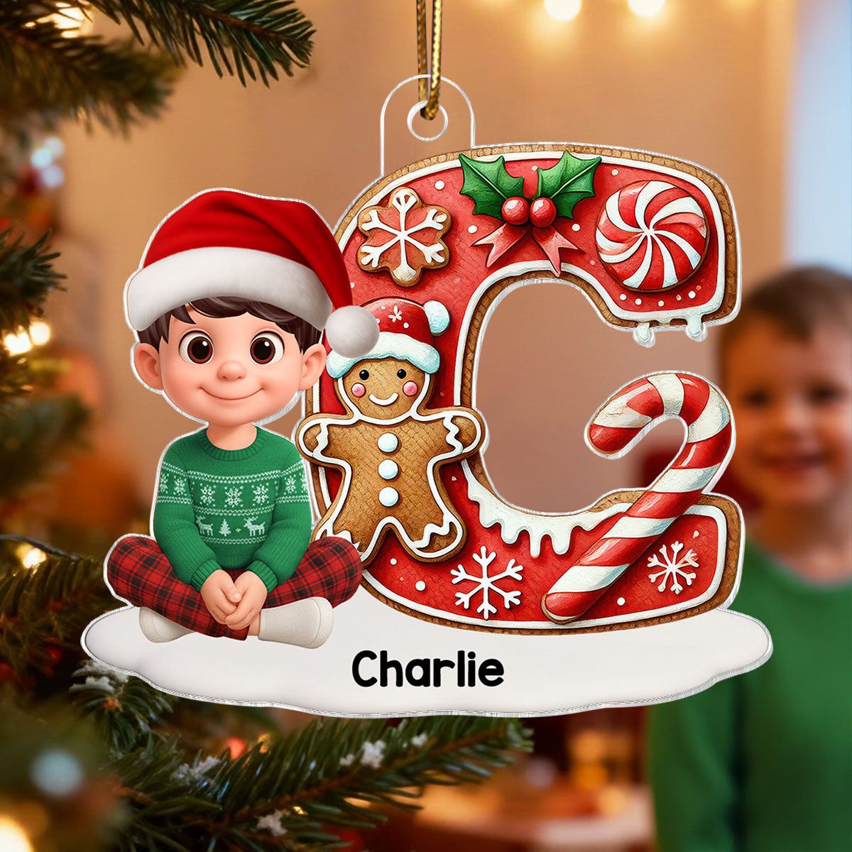 3D Effect Candy Cane Initial Letter Family Member Name - Personalized Acrylic Ornament - Unique Christmas Gift For Family