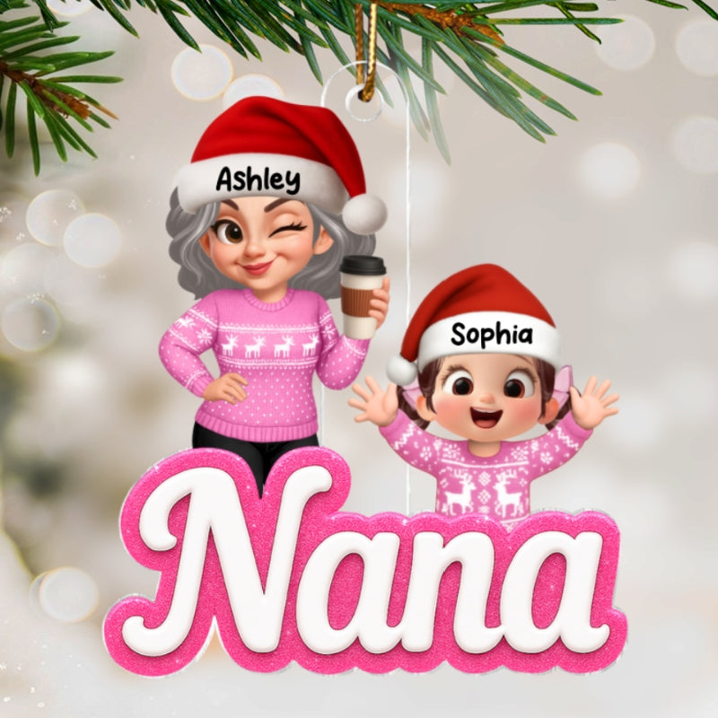Grandma Grandkids 3D Effect Pink Color - Personalized Acrylic Ornament - Christmas Gift for Grandma