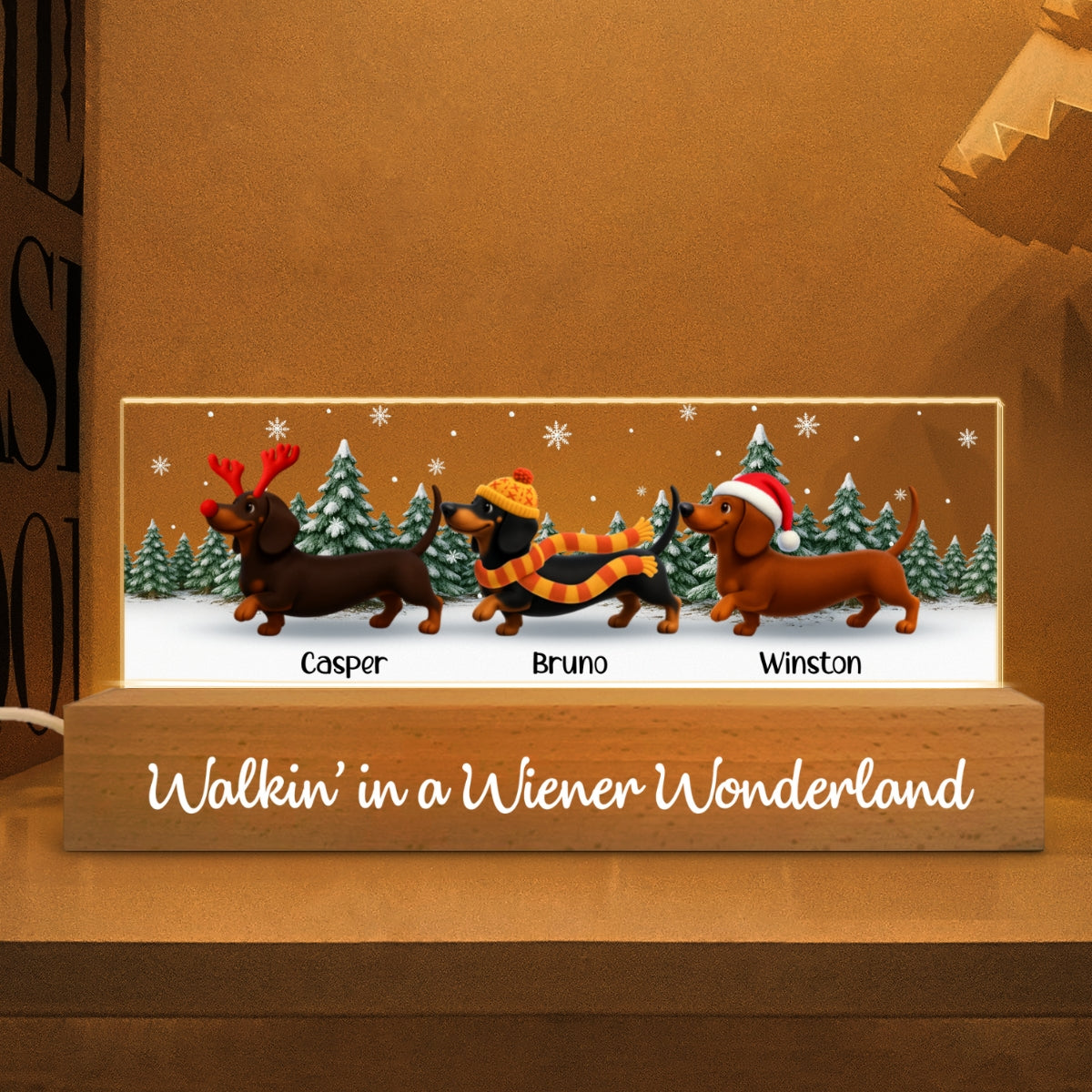Christmas Dachshunds Walking In A Wiener Wonderland - Personalized Acrylic Block Plaque LED Night Light