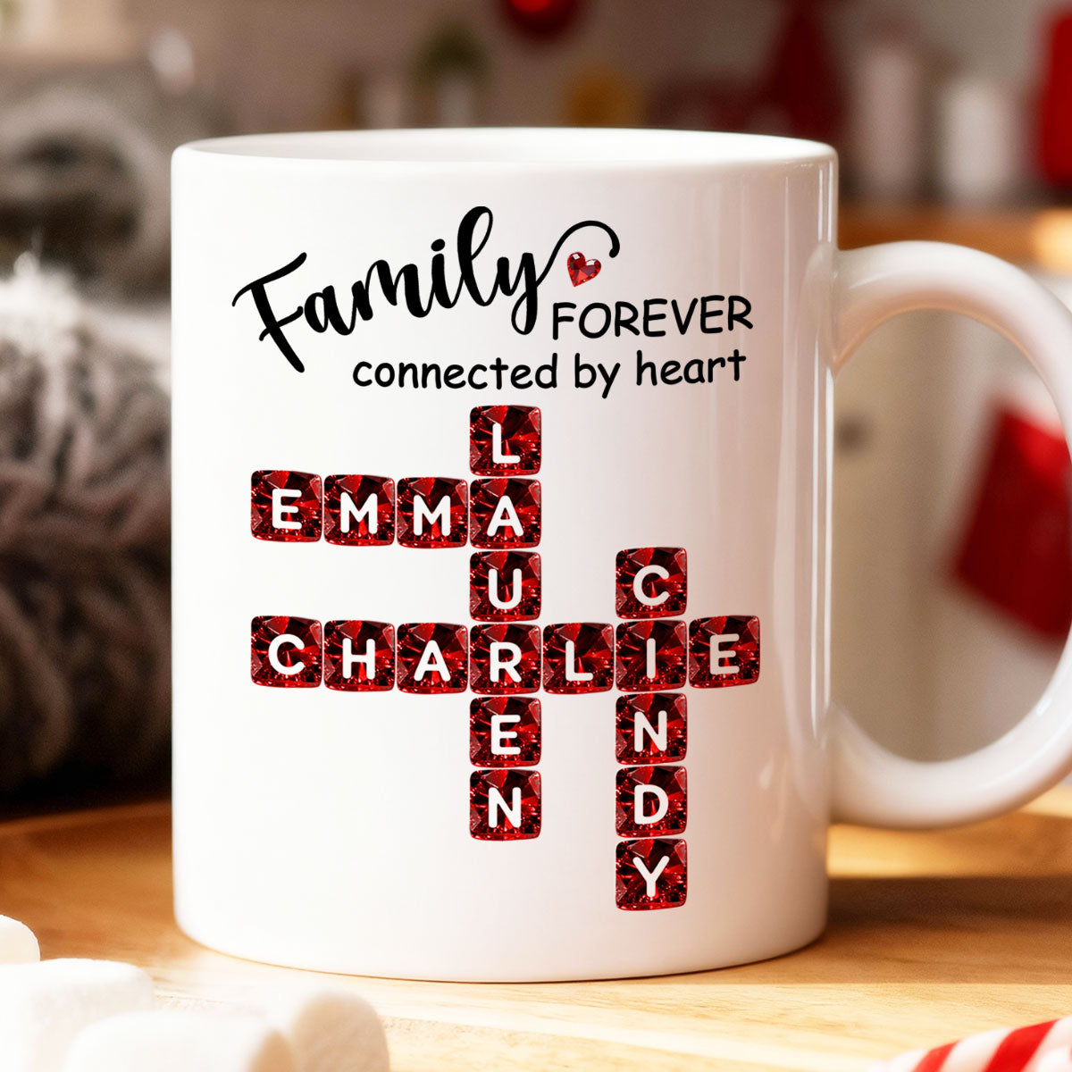 Family Forever Connected by Heart 3D Crystal Crossword - Personalized Mug - Sentimental Gift for for Loved Ones
