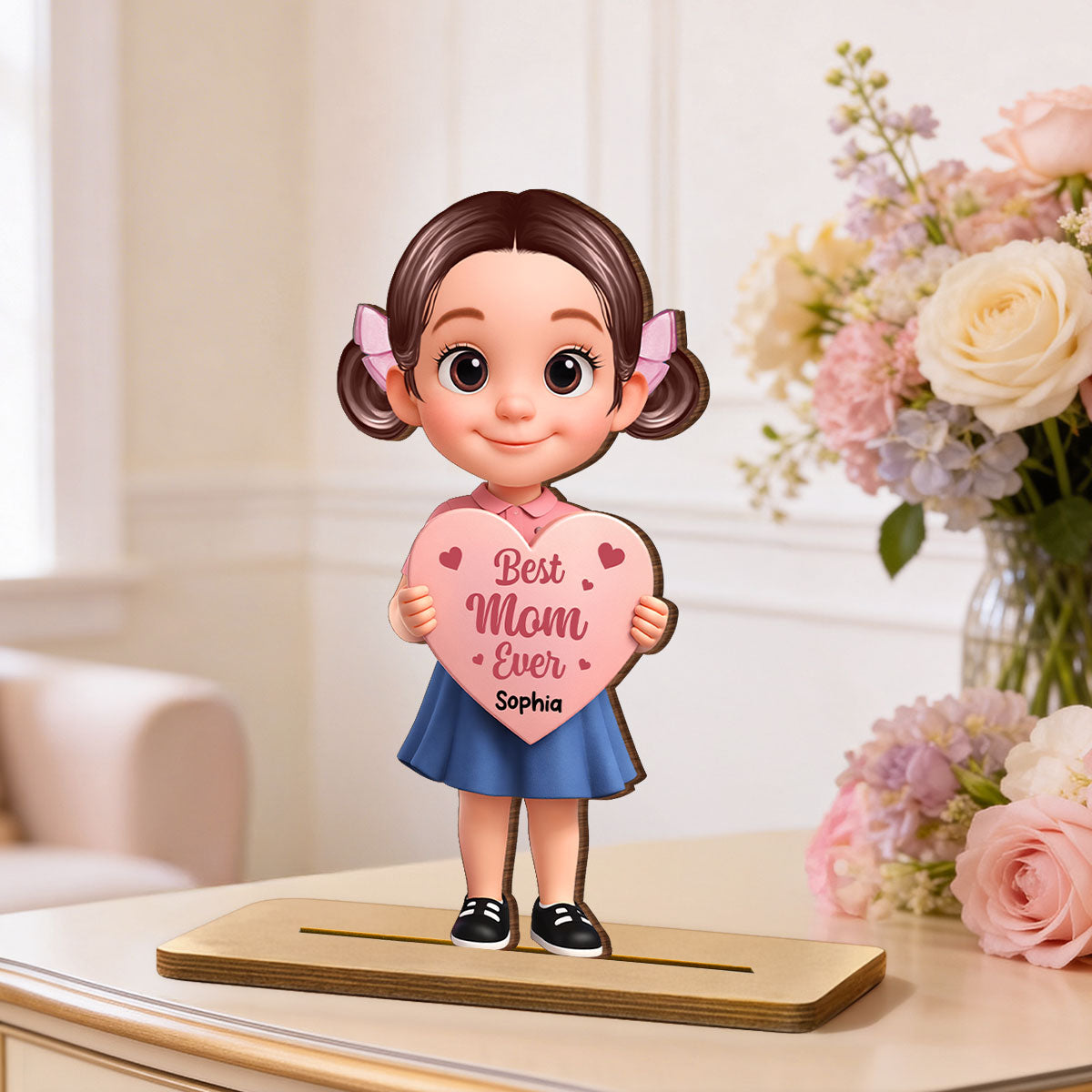 Kid Holding Heart - Personalized 2-Layered Wooden Plaque - Mother's Day Gift for Mom, Wife