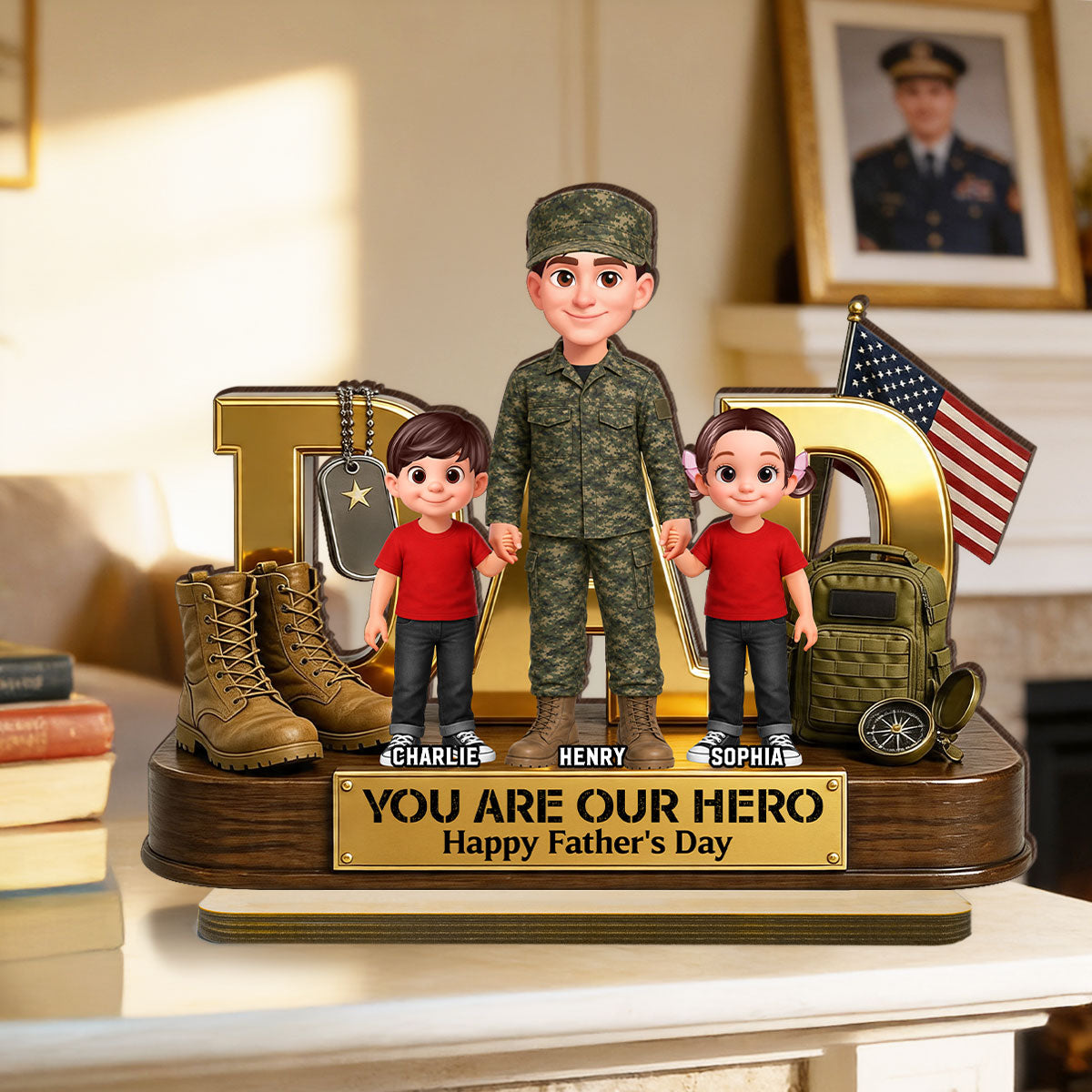 Proud American Millitary Dad - Personalized 2-Layered Wooden Plaque -  Gift For Dad, Husband