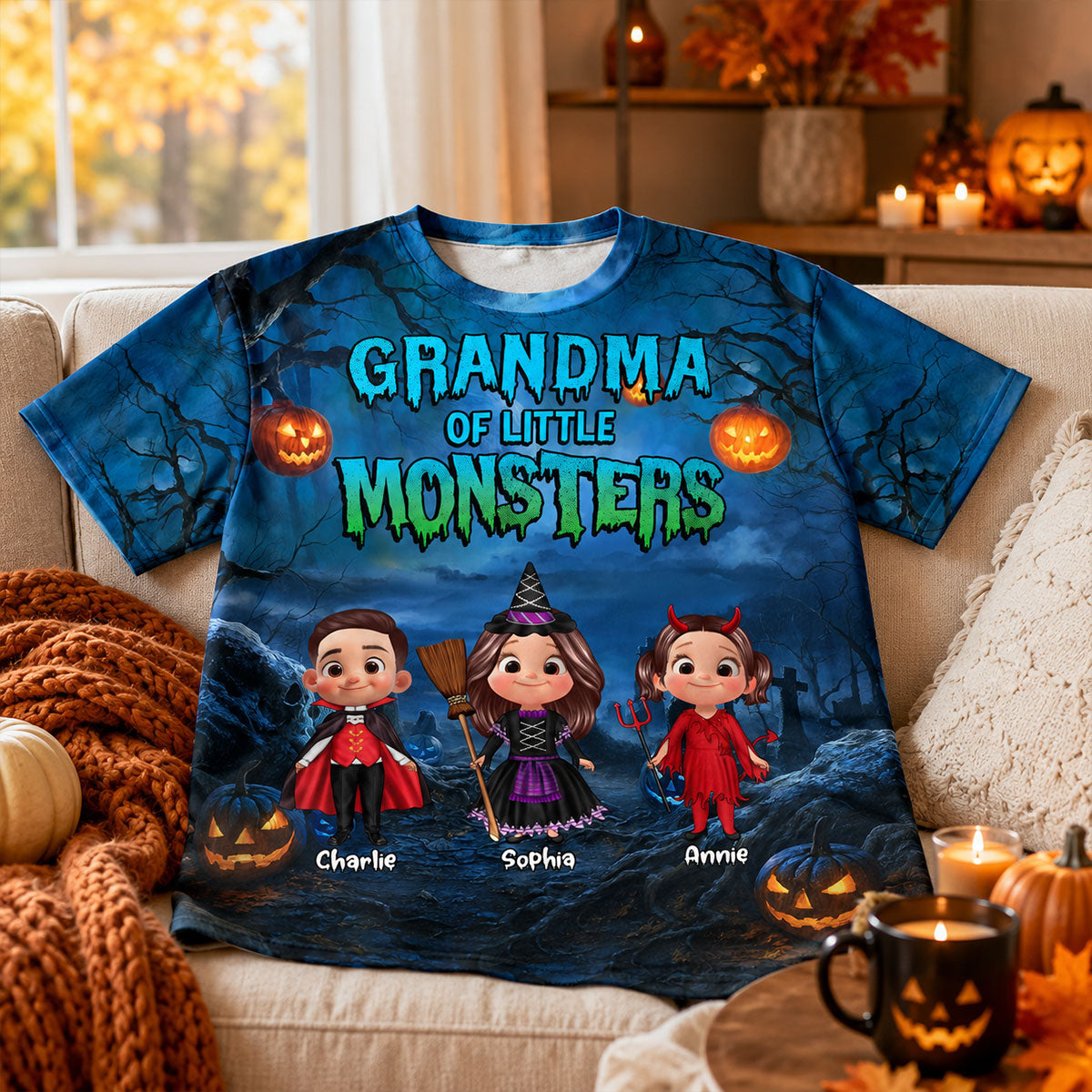 Halloween Night Grandma Grandkids Little Monsters - Personalized Shirt - Halloween Gift For Grandma