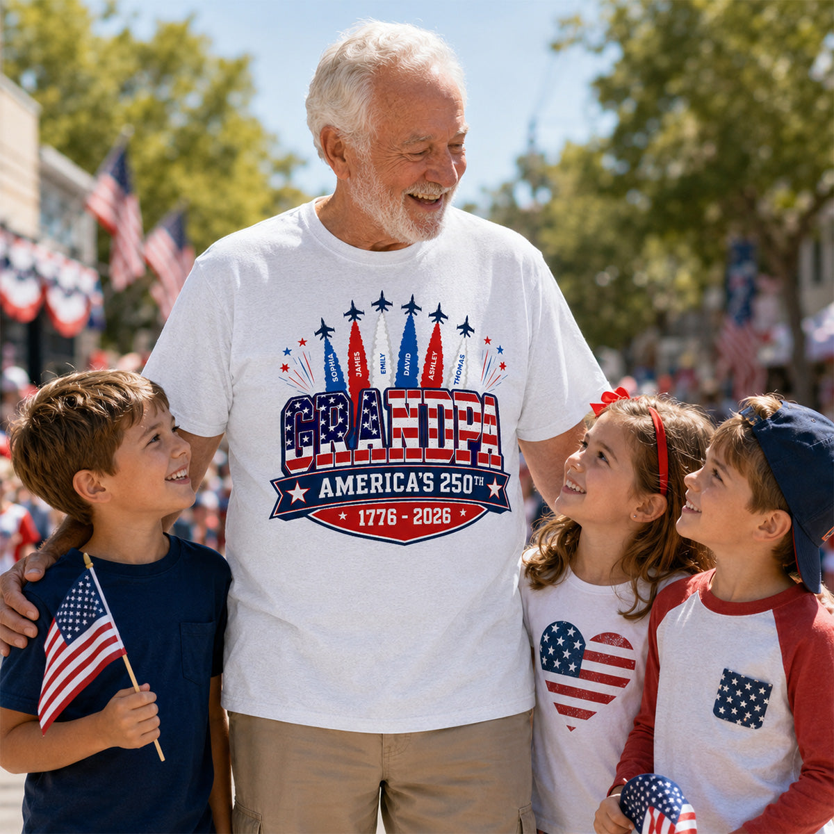 Proud Grandpa Dad Jets Smoke Custom Kid Name - Personalized Shirt - American 250th Anniversary Keepsake For Husband, Dad, Grandpa