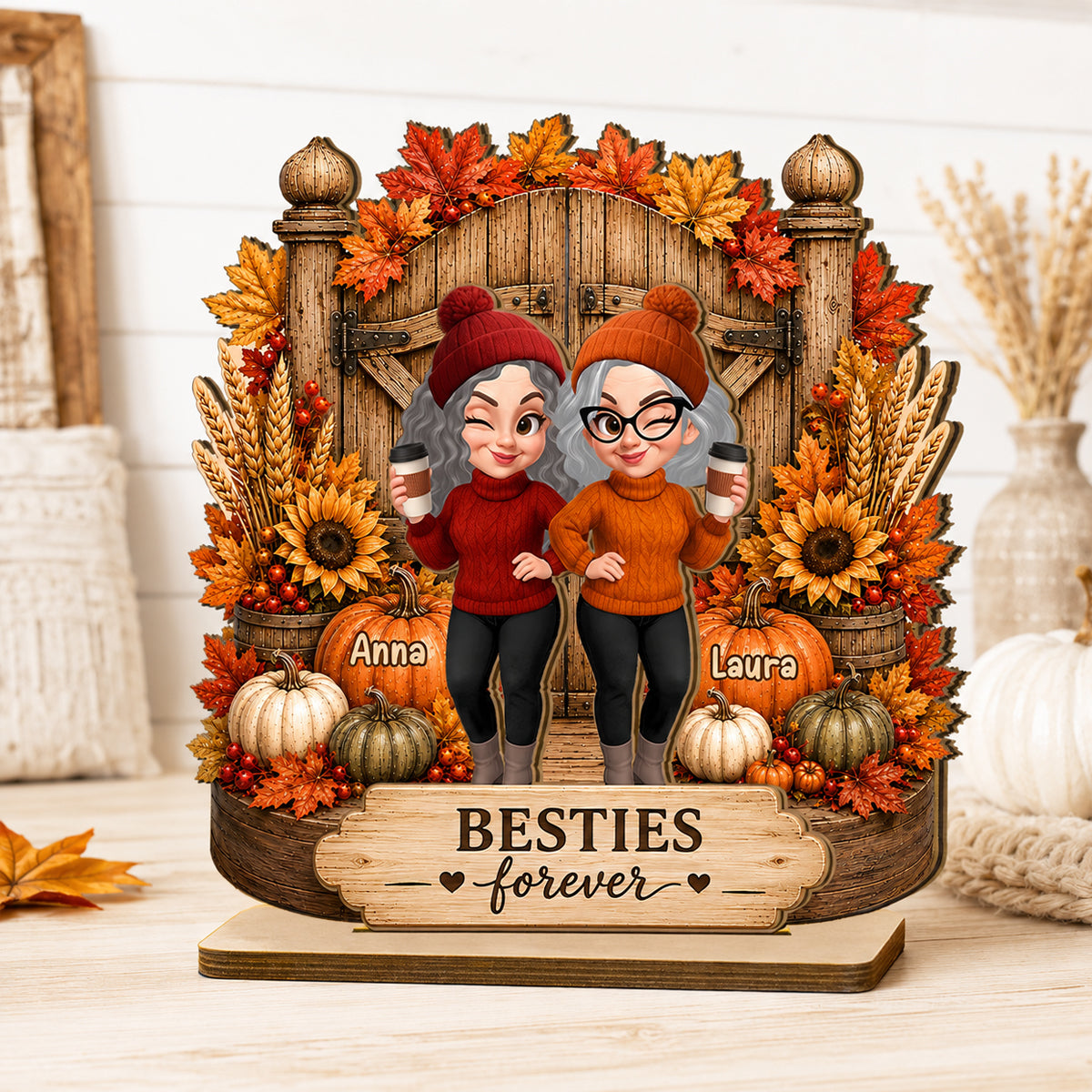 Besties Forever Fall Decor - Personalized 2-Layered Wooden Plaque - Cozy Fall Gift for Best Friends