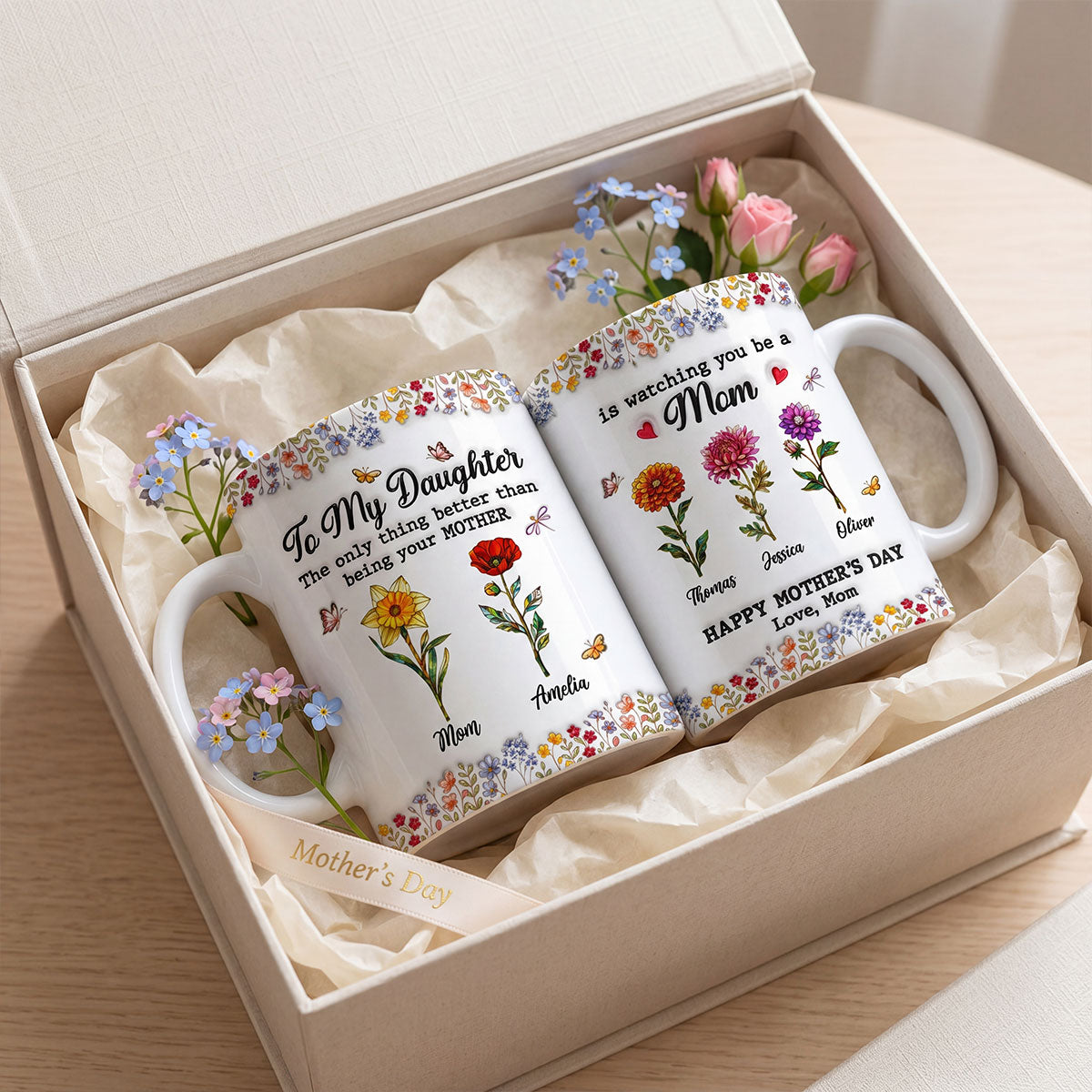 To My Daughter Mom And Daughter Custom Birth Month Flowers Kids Names - Personalized Mug - Mother's Day Gift For Daughter