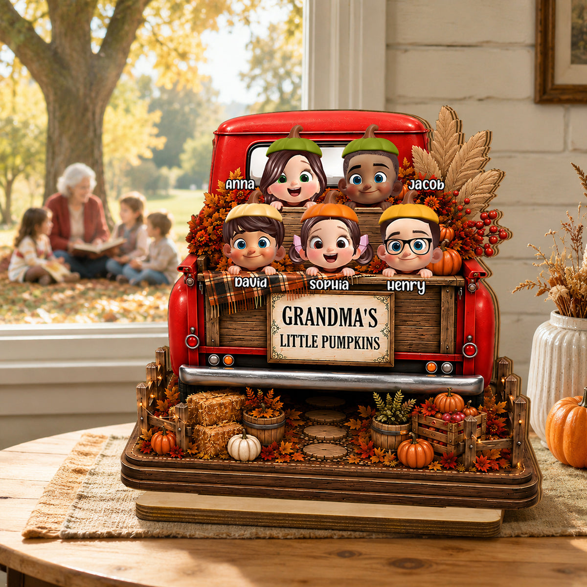 Grandma Grandkids Pumpkins Fall Truck - Personalized 2-Layered Wooden Plaque - Fall Season Decor Gift, Gift For Grandma