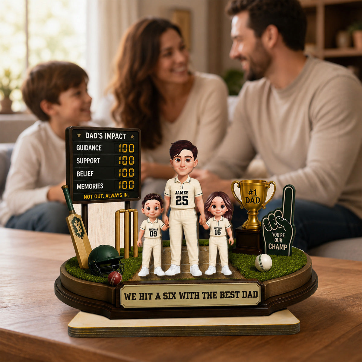 Hit A Six With The Best Dad Cricket Dad & Kids - Personalised 2-Layered Wooden Plaque -  Gift For Husband, Dad