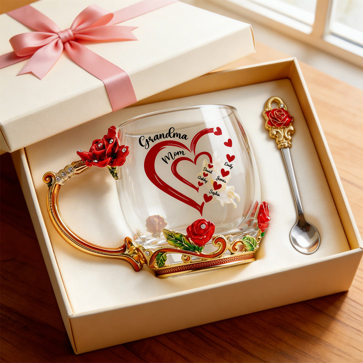 Grandma Mom Heart Custom Kids Names - Personalized Enamel Flower Tea Cup - Gift For Grandma, Mom