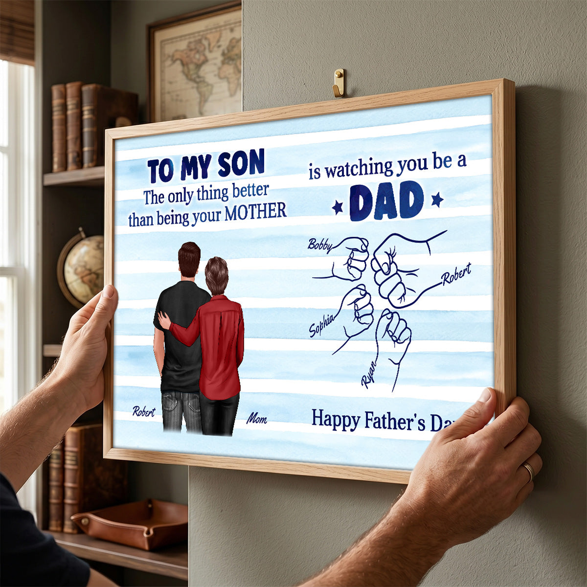 From Mom Dad To Son Watching You Be A Dad Blue Stripe Theme - Personalized Poster - Father's Day Gift For Son