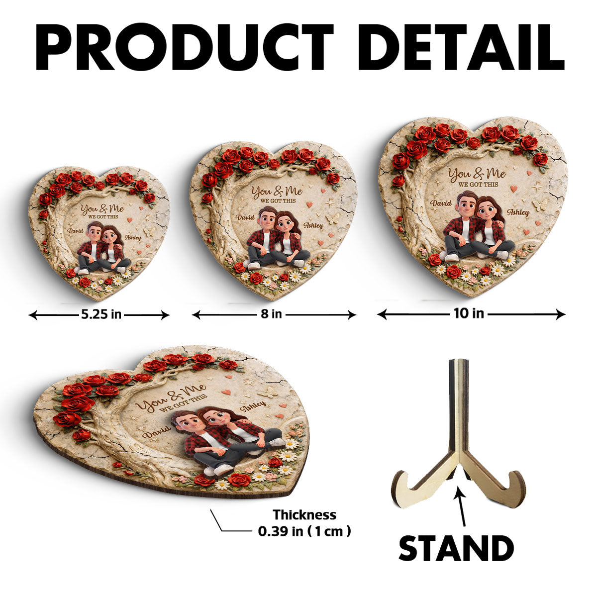 Couple Stone Romantic Heart Rose - Personalized 2-Layered Wooden Plaque - Anniversary, Valentine's Day Gift, Gift For Him, Gift For Her
