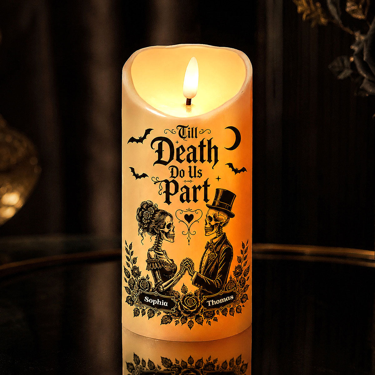 Till Death Do Us Part Skeleton Couple - Personalized LED Candle - Halloween Decor For Couple