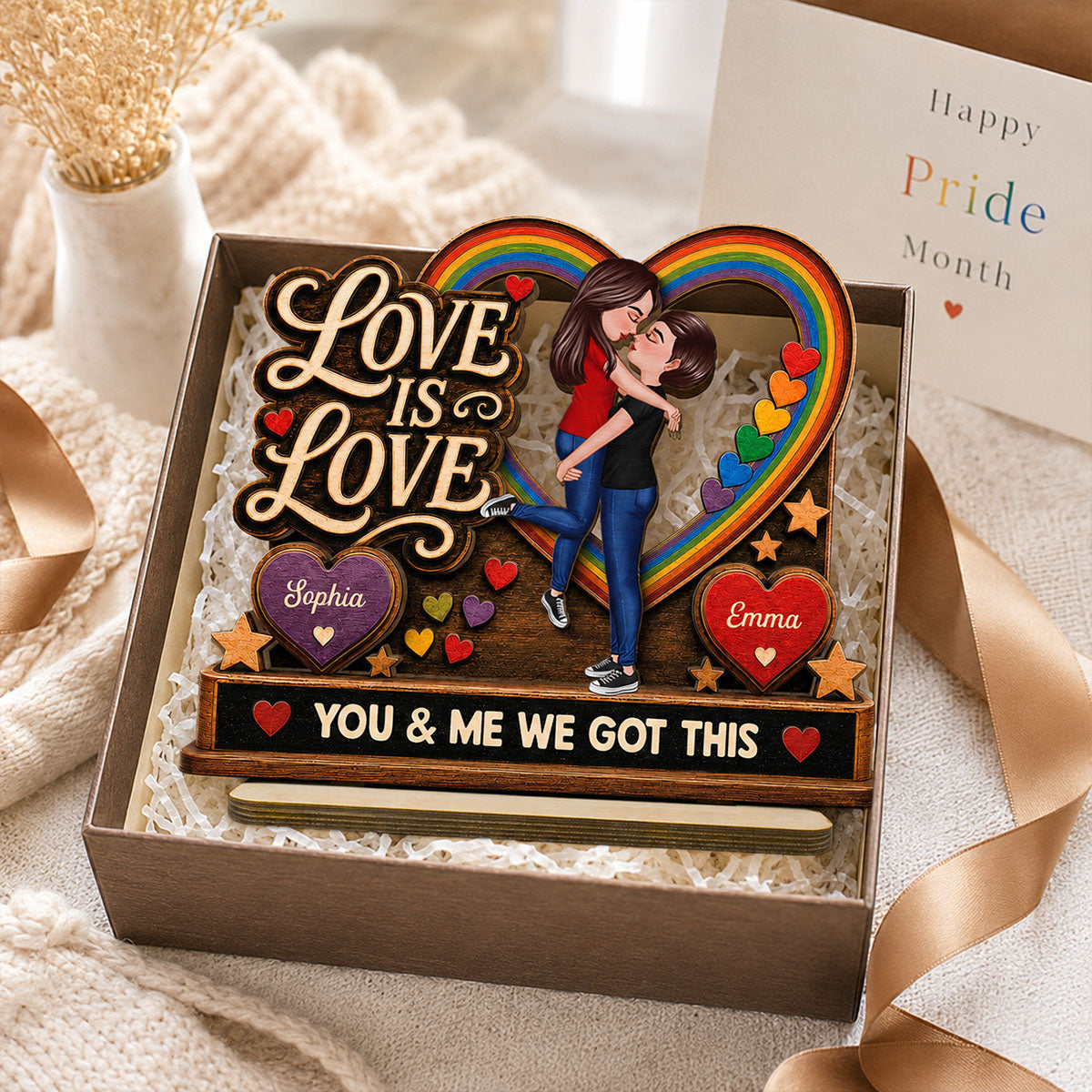 Love Is Love LGBTQ+ Couple Kissing - Personalized 2-Layered Wooden Plaque - Pride Month Gift For Couple