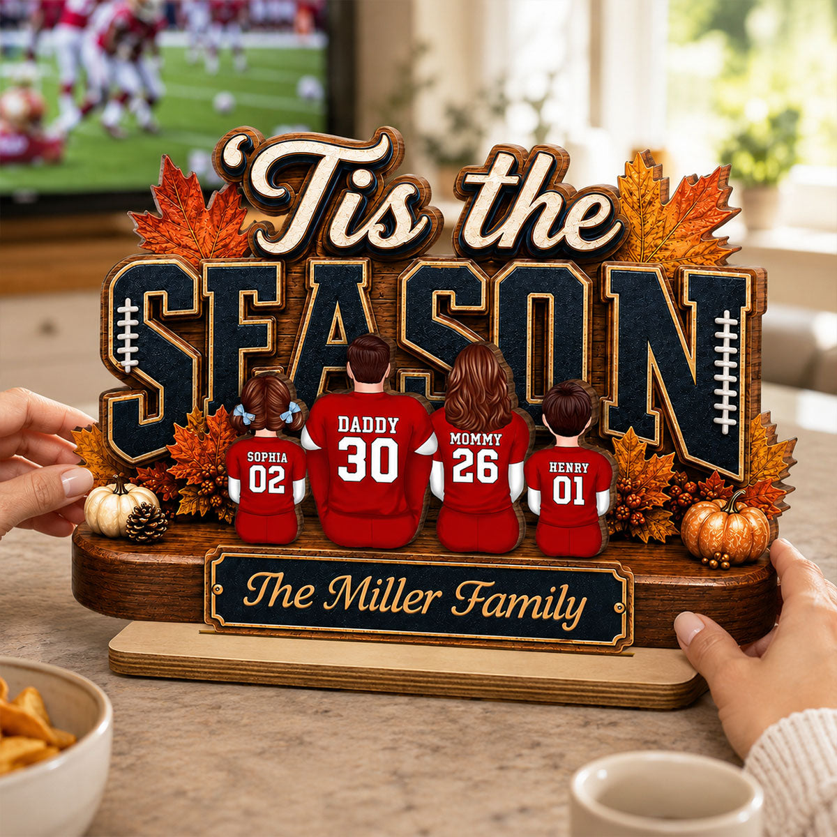 Tis the Football Season - Personalized 2-Layered Wooden Plaque - Family Fall Decor