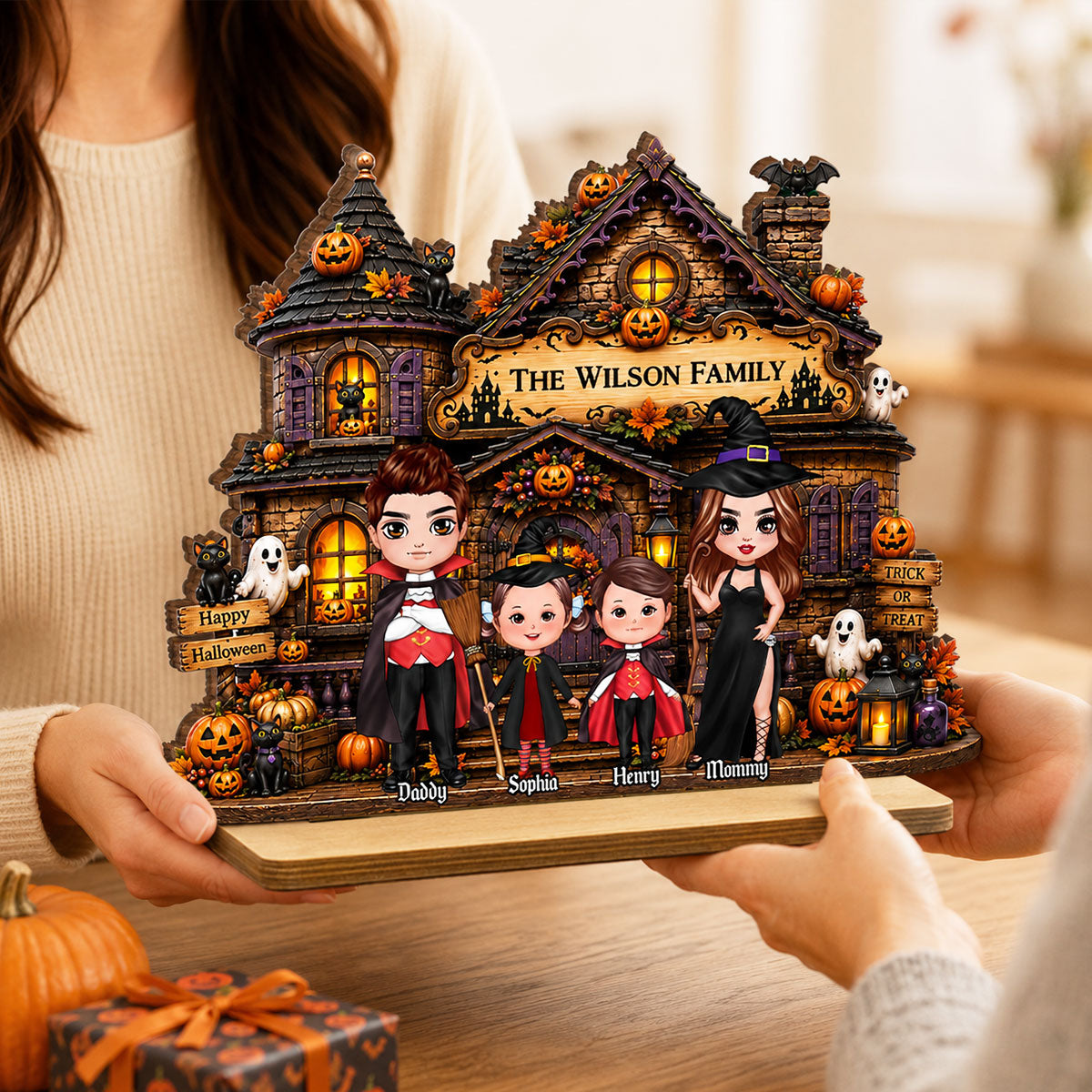 Family Haunted House Trick or Treat - Personalized 2-Layered Wooden Plaque - Halloween Gothic Home Sign