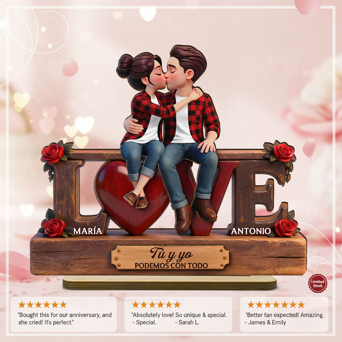 Roses LOVE Spanish Couple Sitting Kissing - Personalized 2-Layered Wooden Plaque - Heartfelt Gift For Couple