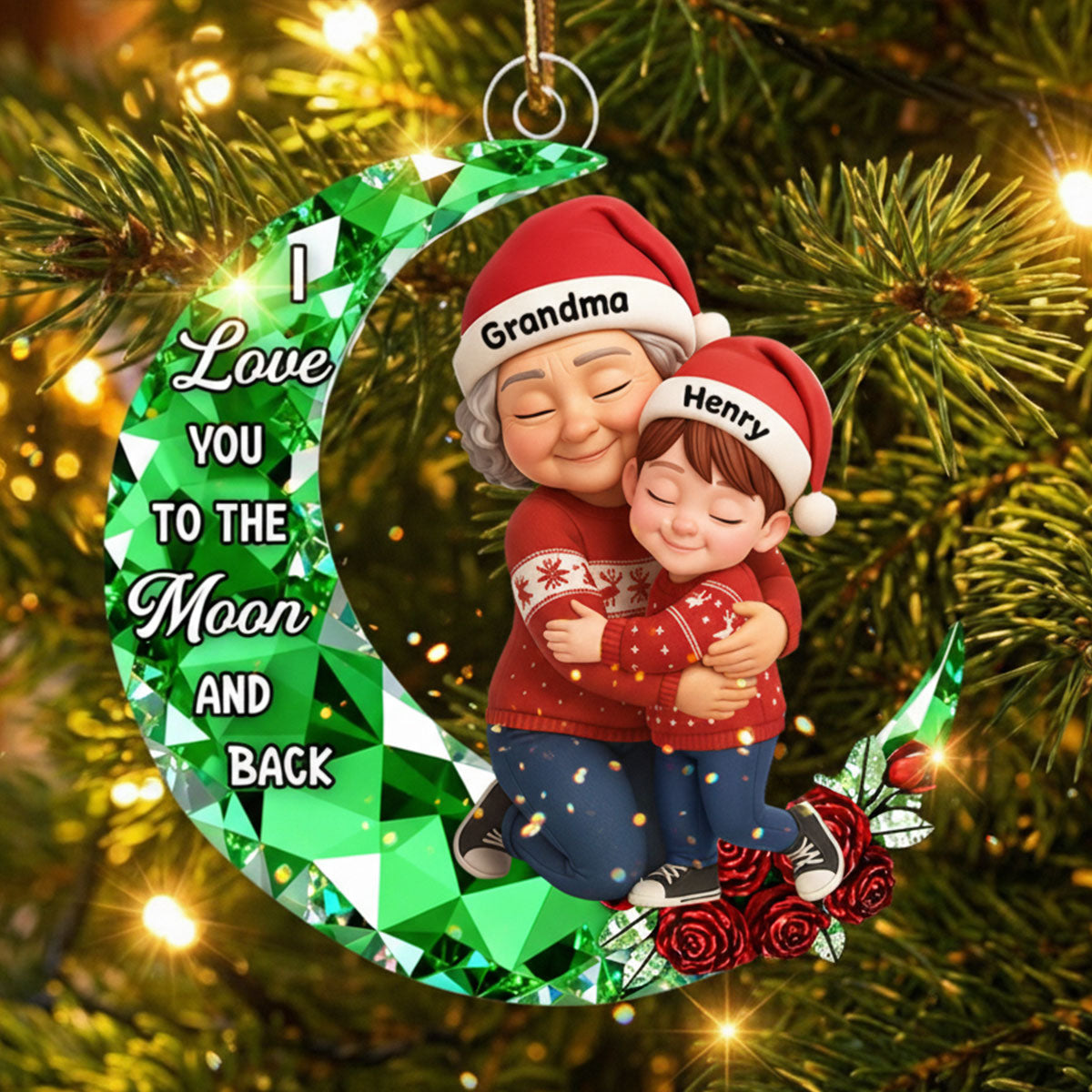 3D Crystal Effect Grandma Grandkid Love to the Moon - Personalized Acrylic Ornament - Christmas Gift for Grandma, Grandkids