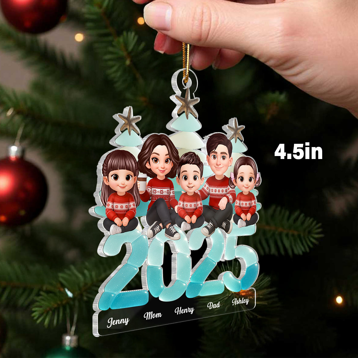 3D Effect Sea Glass Christmas Family Sitting On Text - Personalized Acrylic Ornament