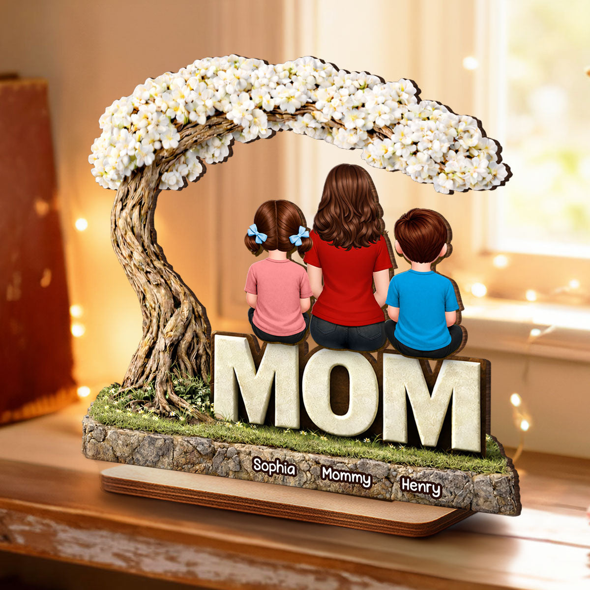 Personalized Family Tree 2-Layered Wooden Plaque – Mom & Kids Names Standing Decor