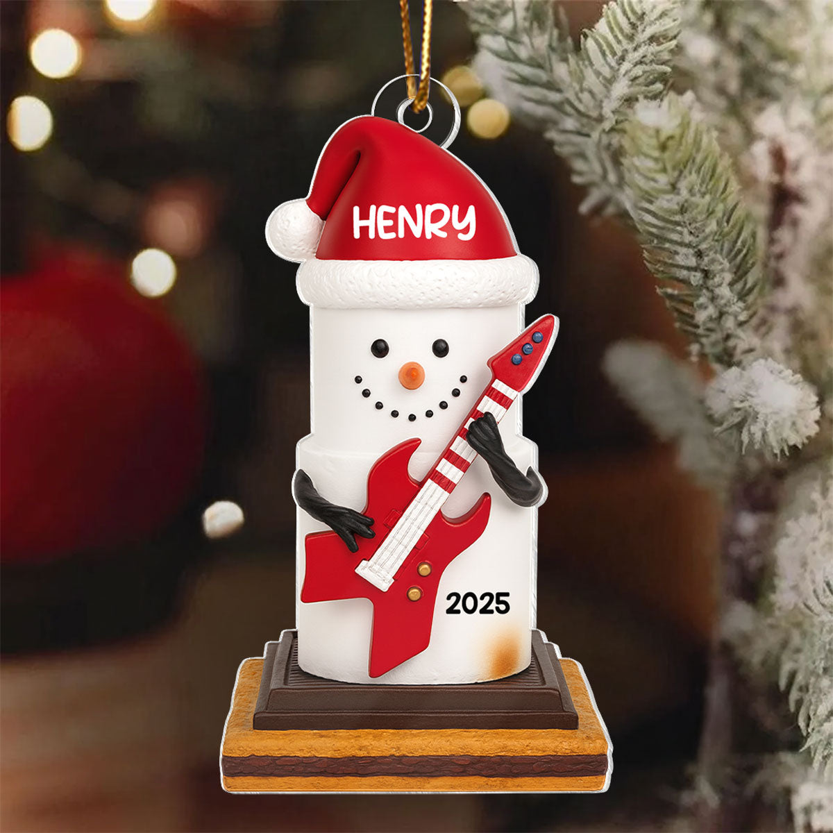 Snow Man Playing Guitar On Chocolate and Cracker - Personalized Acrylic Ornament-  Gift for Guitar Lovers