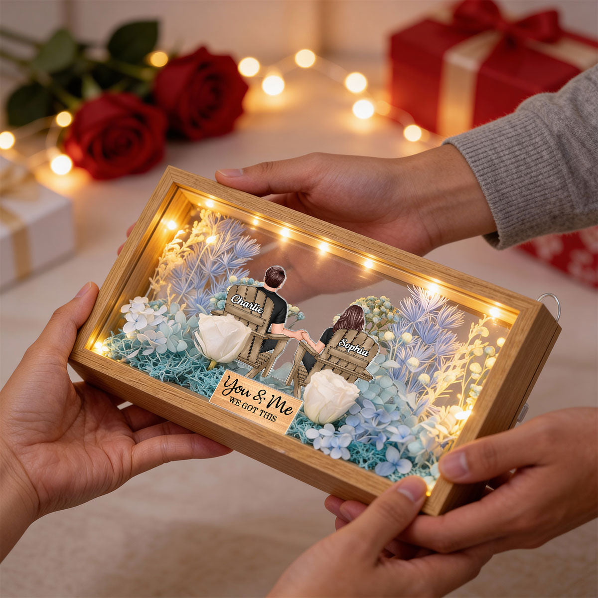 Eternal Love Back View Couple Sitting - Personalized DIY Flower Shadow Box LED Night Light - Gift For Couple, For Him, For Her
