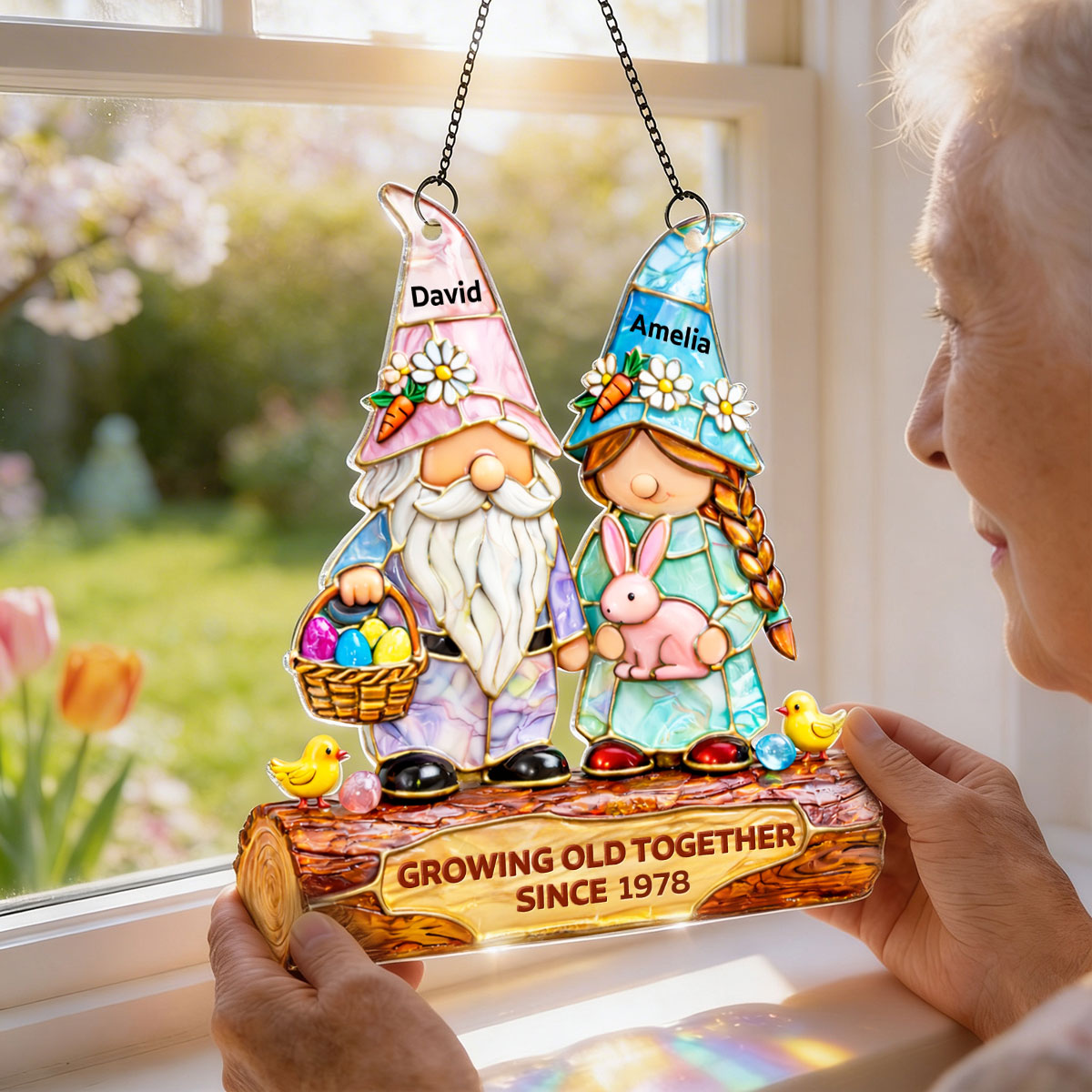Growing Old Together Since Couple Gnome - Personalized Suncatcher - Gift For Couple, Family