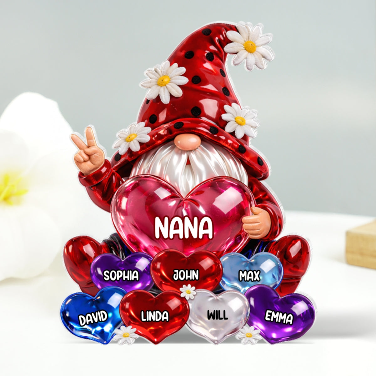 Grandma Gnome with Grandkids Names - Personalized Acrylic Block Plaque - Sentimental Mother's Day Gift for Grandma, Mom, Wife