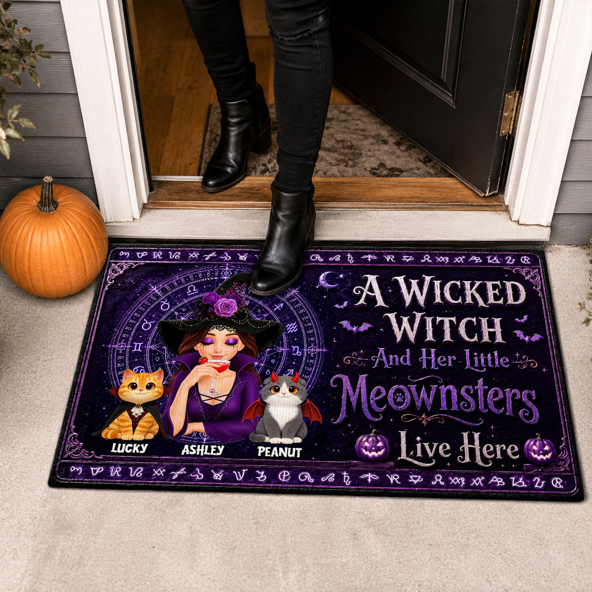 A Wicked Witch And Her Little Meownsters Live Here - Personalized Doormat - Halloween Decor Gift, Gift For Cat Lovers