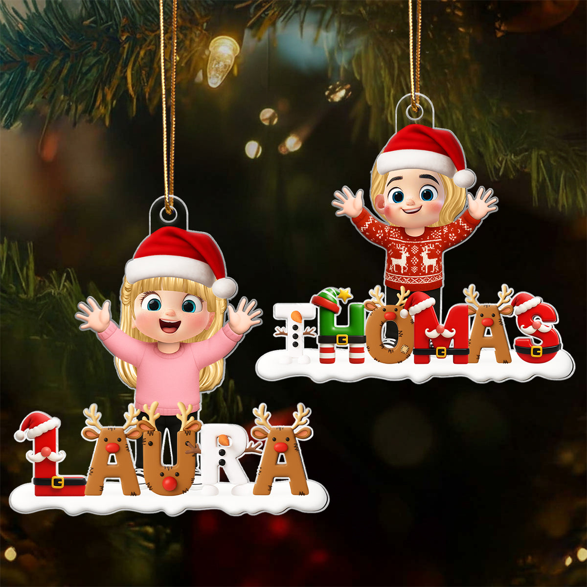 Happy Kid Christmas Iconic Name - Personalized Acrylic Ornament - Christmas Gift for Kid, Grandkids