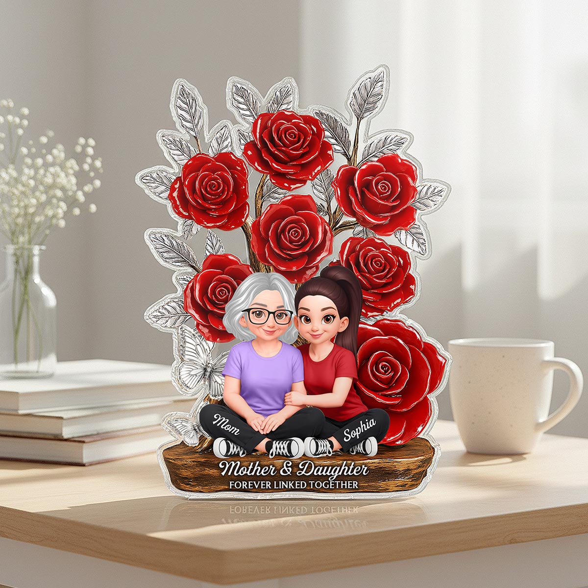 Mom And Daughter Forever Love Rose Tree - Personalized Acrylic Block Plaque - Gift For Mom