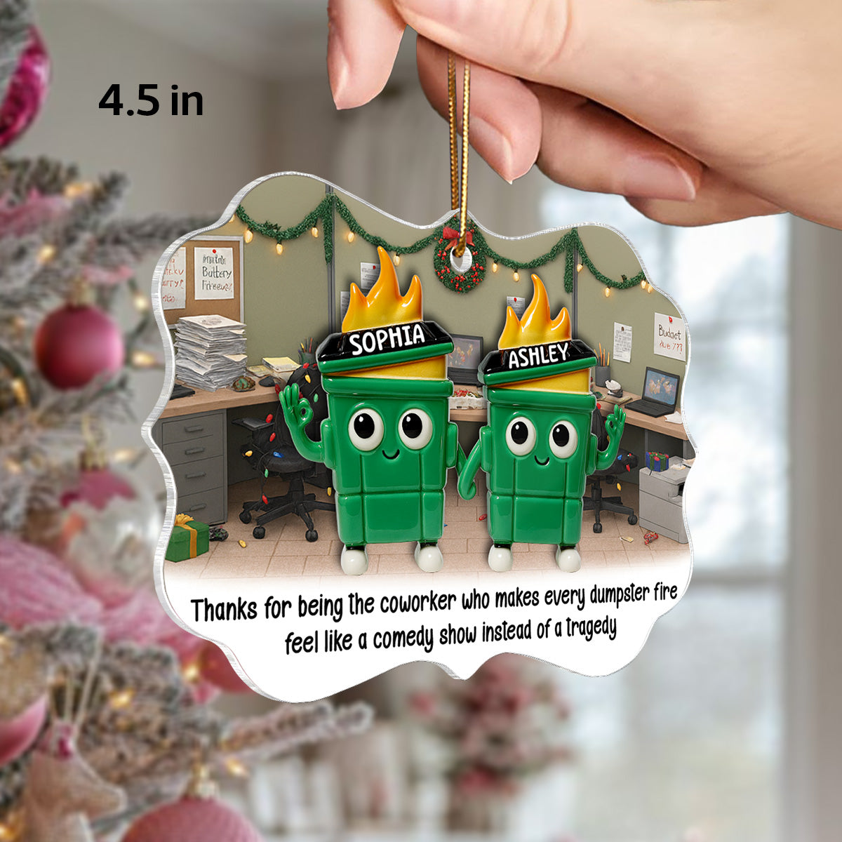 Thank You Work Besties 3D Effect Dumpster Fires - Personalized Acrylic Ornament - Funny Gift For Colleagues, Work Besties