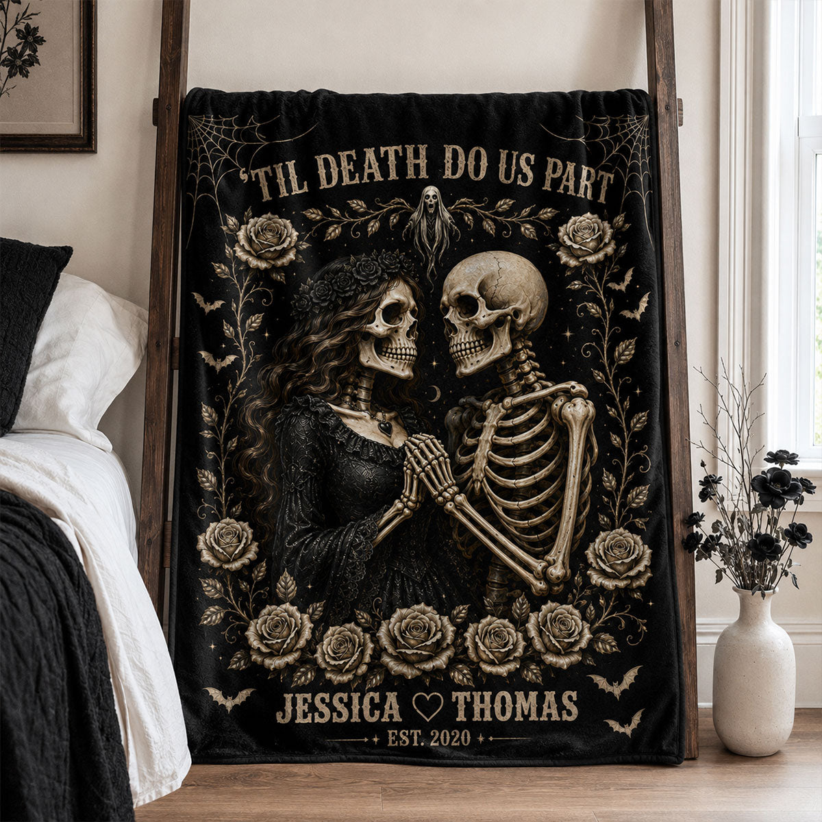 Till Death Do Us Part Skeleton Couple - Personalized Fleece Blanket - Spooky Goth Couple Halloween Gift