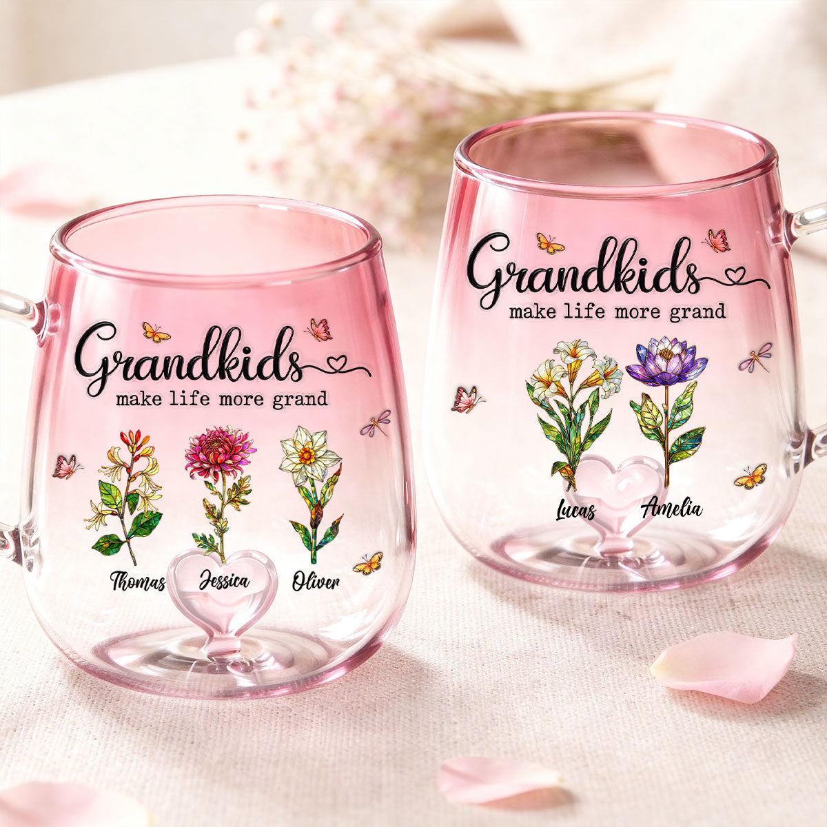 Grandkids Make Life More Grand Custom Birth Flower - Personalized Glass Mug - Heartfelt Mother's Day Gift for Grandma, Mom