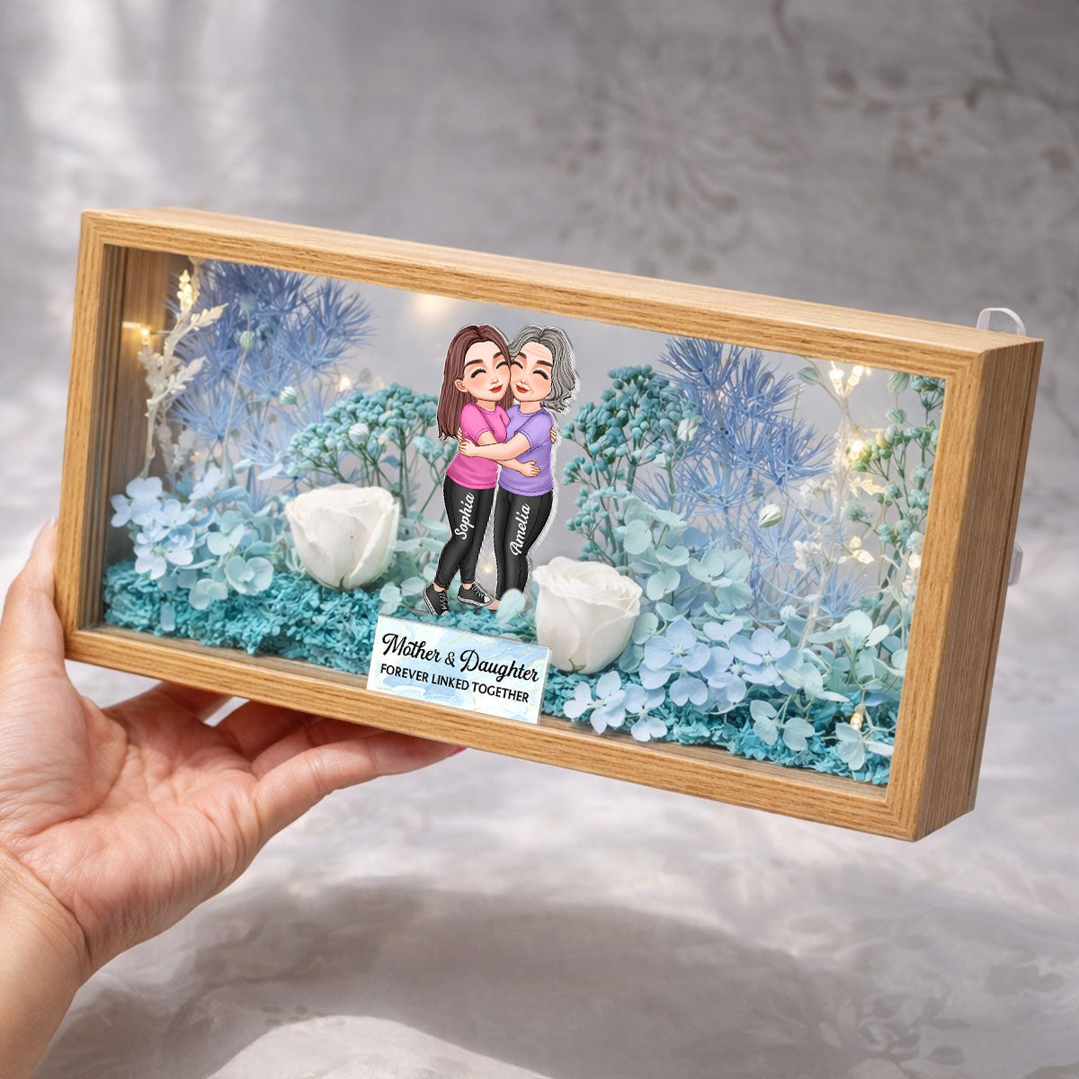 Mom & Daughter Forever Linked Together - Personalized DIY Flower Shadow Box LED Night Light - Gift For Mom, Daughter