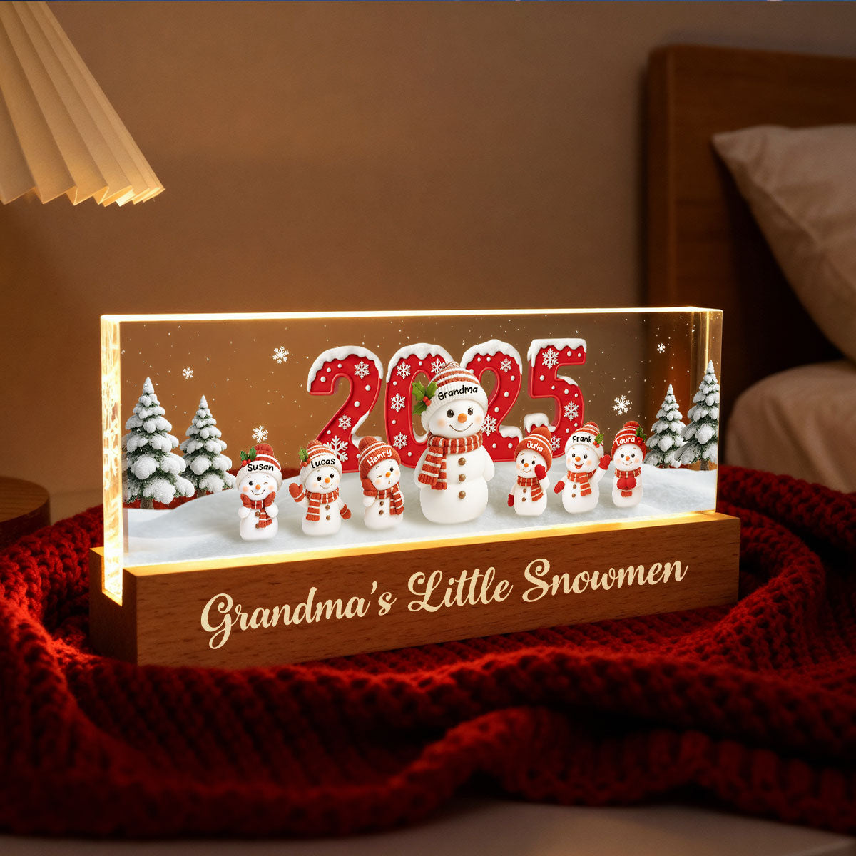 Grandma's Little Snowmen - Personalized Acrylic Block LED Night Light - Christmas Gift for Grandma