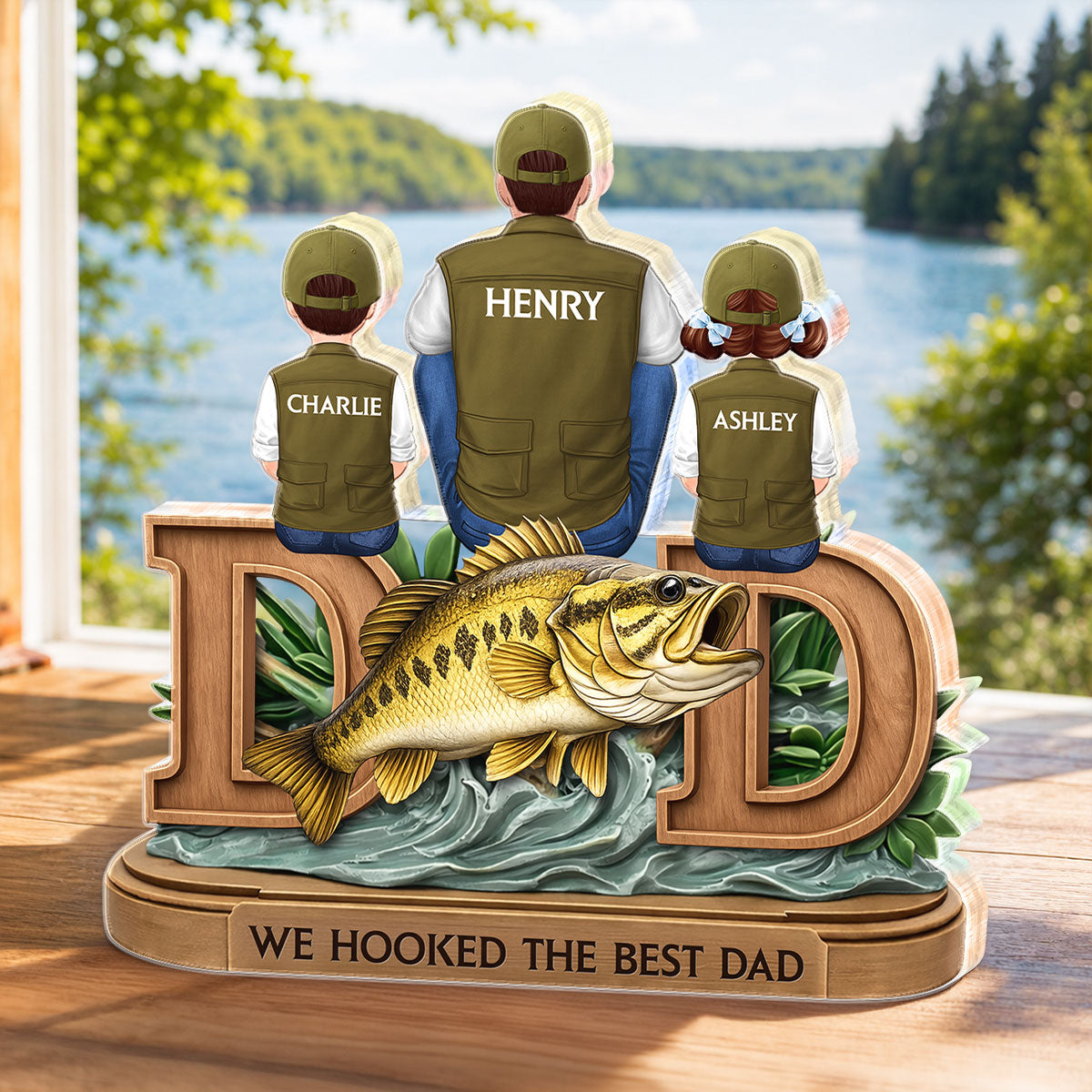 Fishing Dad And Kids Sitting Together - Personalized Acrylic Block Plaque - Heartfelt Gift For Fishing Dad, Husband