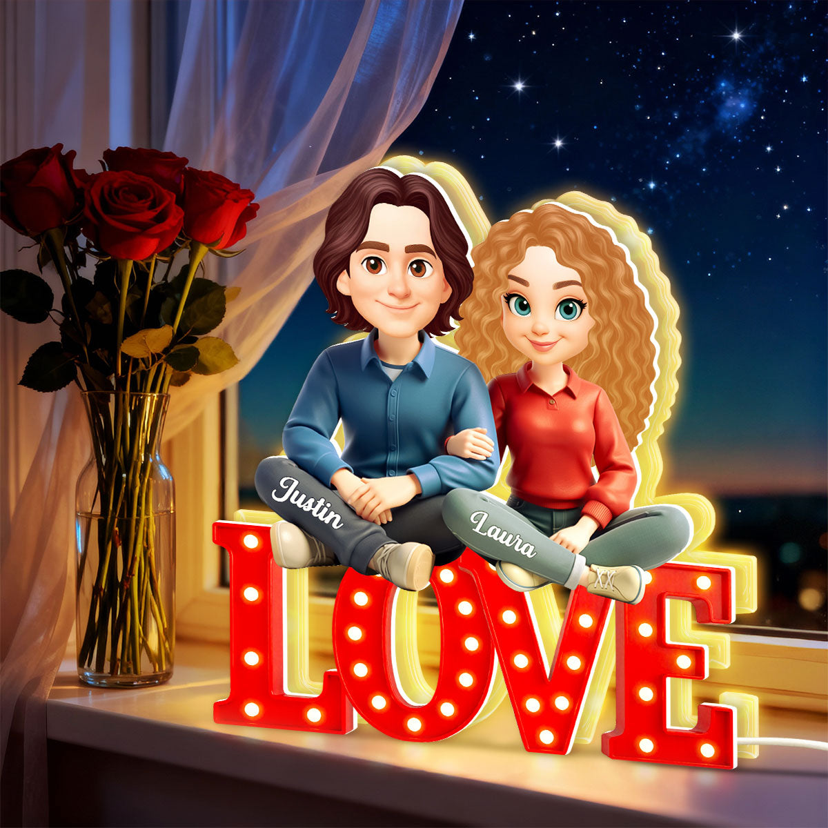 Love Couple Sitting Together - Personalized Light Box - Gift for Couple, for Him, for Her