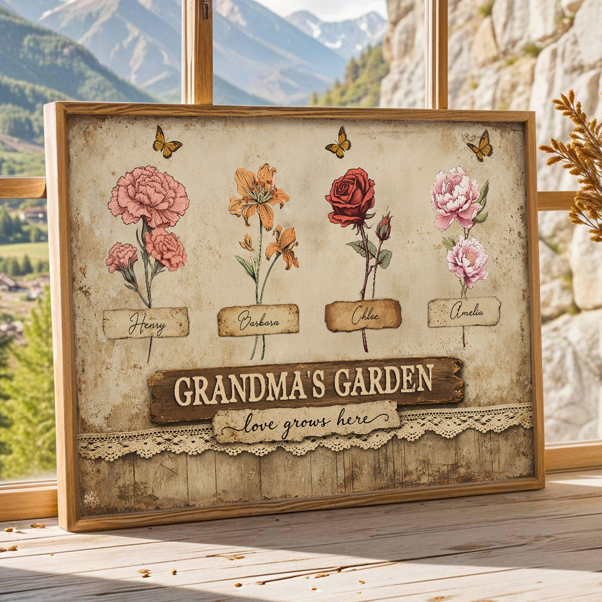 Retro Vintage Lace Pattern Grandma's Garden Birth Month Flowers - Personalized Poster - Mother's Day Gift For Grandma, Mom