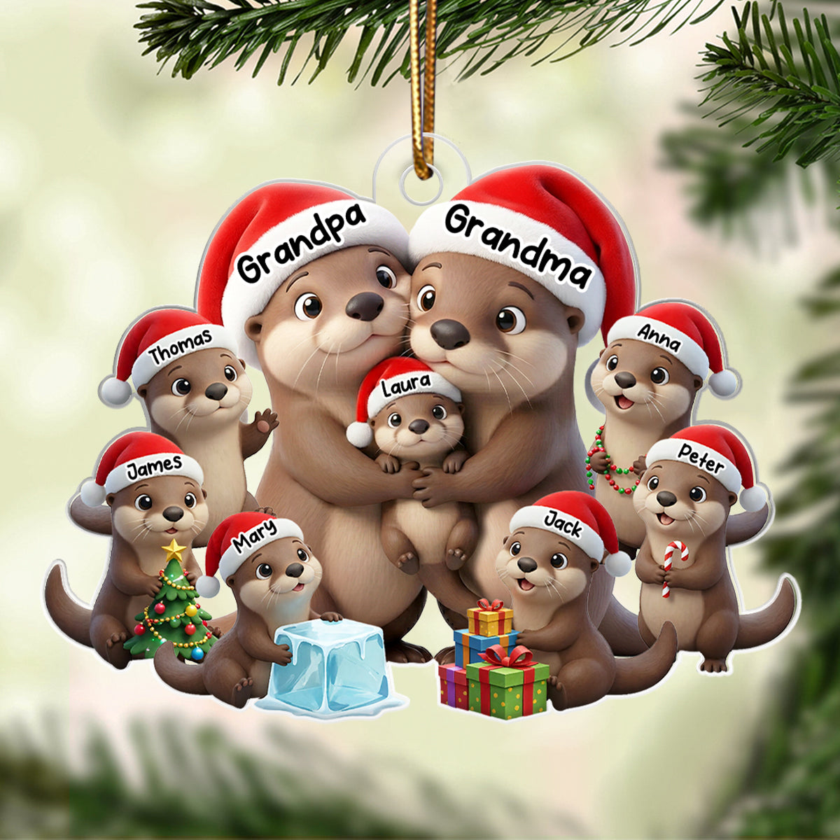Otter Grandma Grandpa And Grandkids - Personalized Acrylic Ornament - Heartwarming Christmas Gift For Grandma, Grandpa, Family