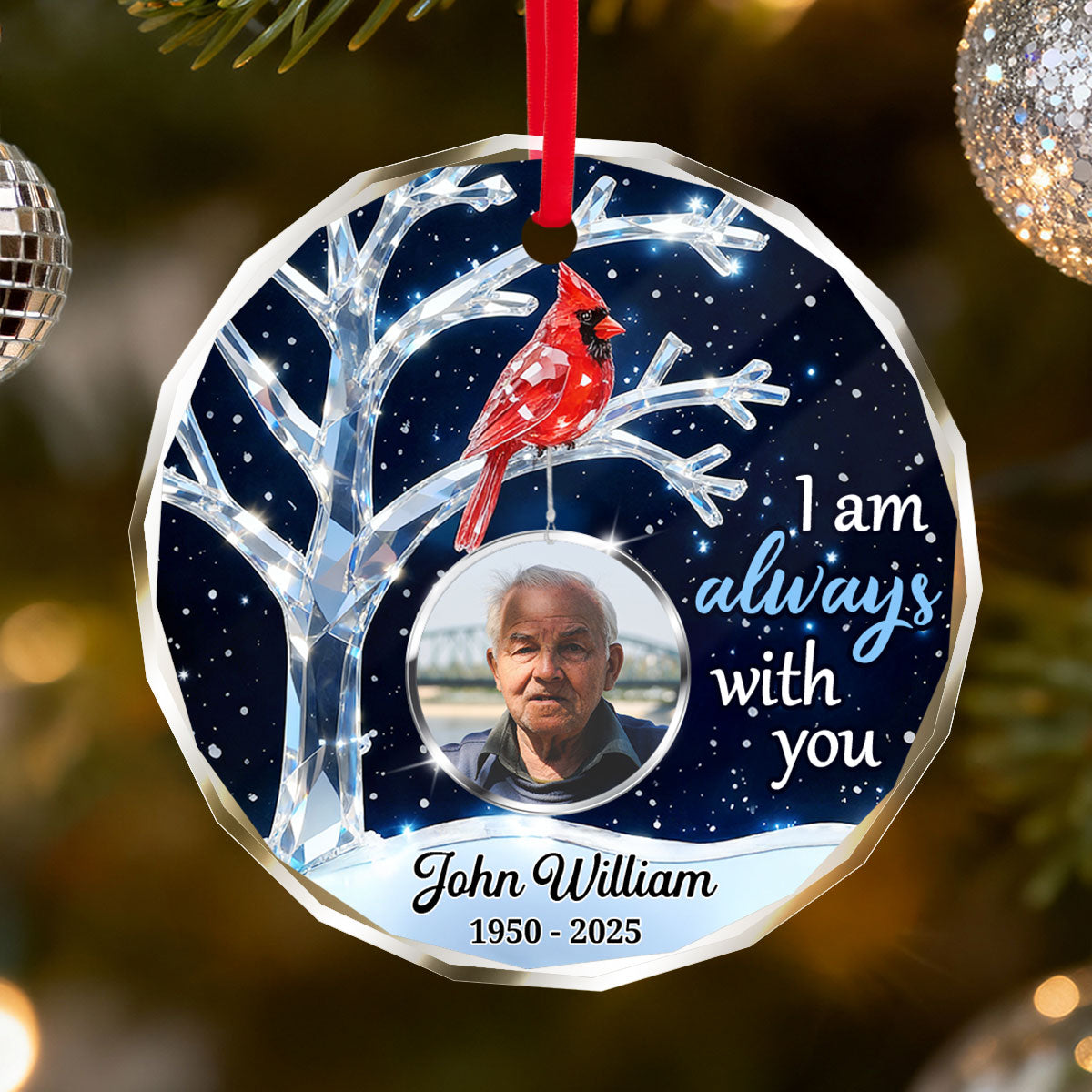 3D Crystal Effect Memorial Winter Tree Cardinals Upload Photo - Personalized Glass Ornament - Remembrance Gift, Sympathy Gift