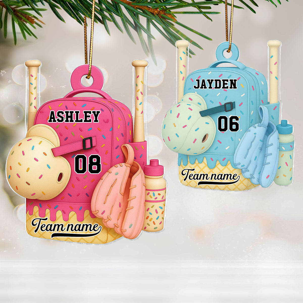 3D Effect Ice Cream Drip Sprinkles Baseball Softball Bag Backpack - Personalized Acrylic Ornament - Gift For Kids, Granddaughter, Grandson, Daughter, Son