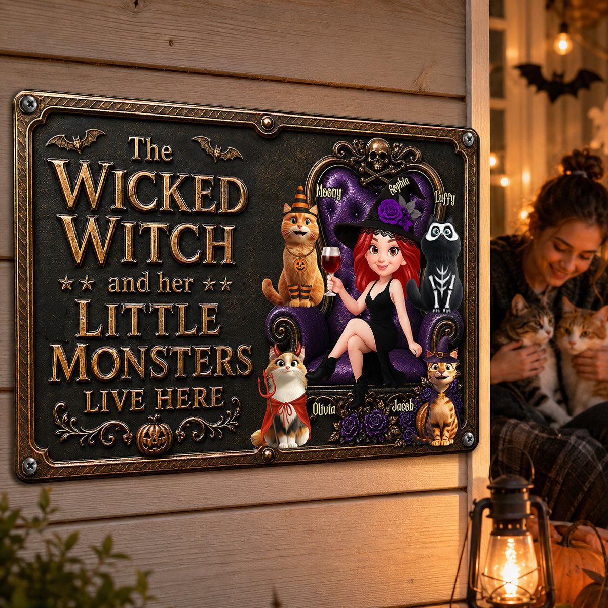 The Wicked Witch And Her Monster Cats Live Here - Personalized Metal Sign - Halloween Decor for Cat Moms