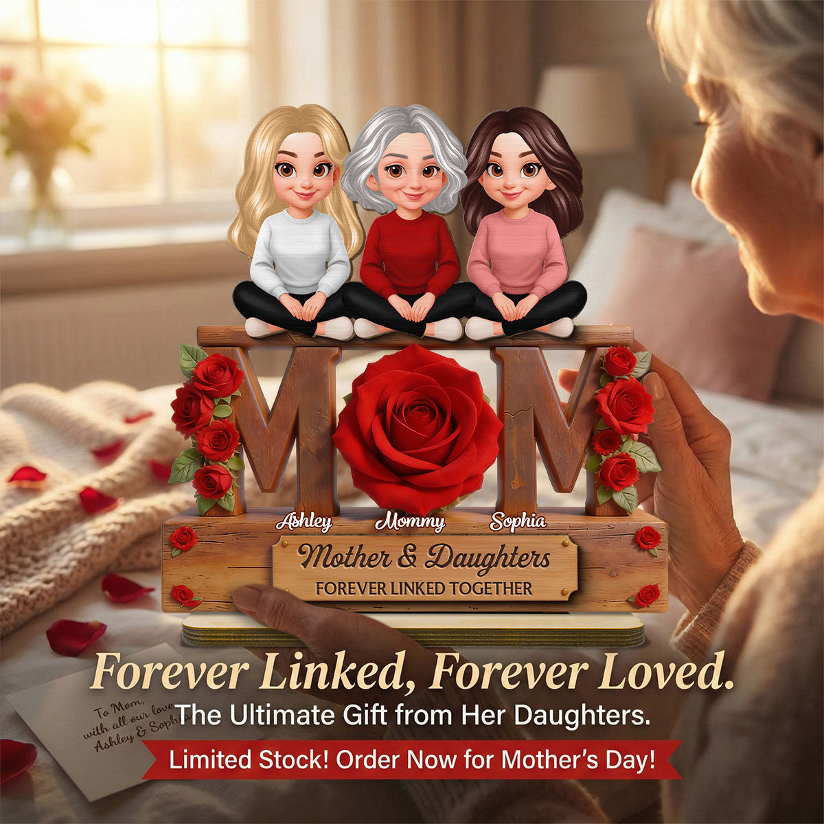 Beautiful Roses MOM And Daughters Sons - Personalized 2-Layered Wooden Plaque - Gift For Mom