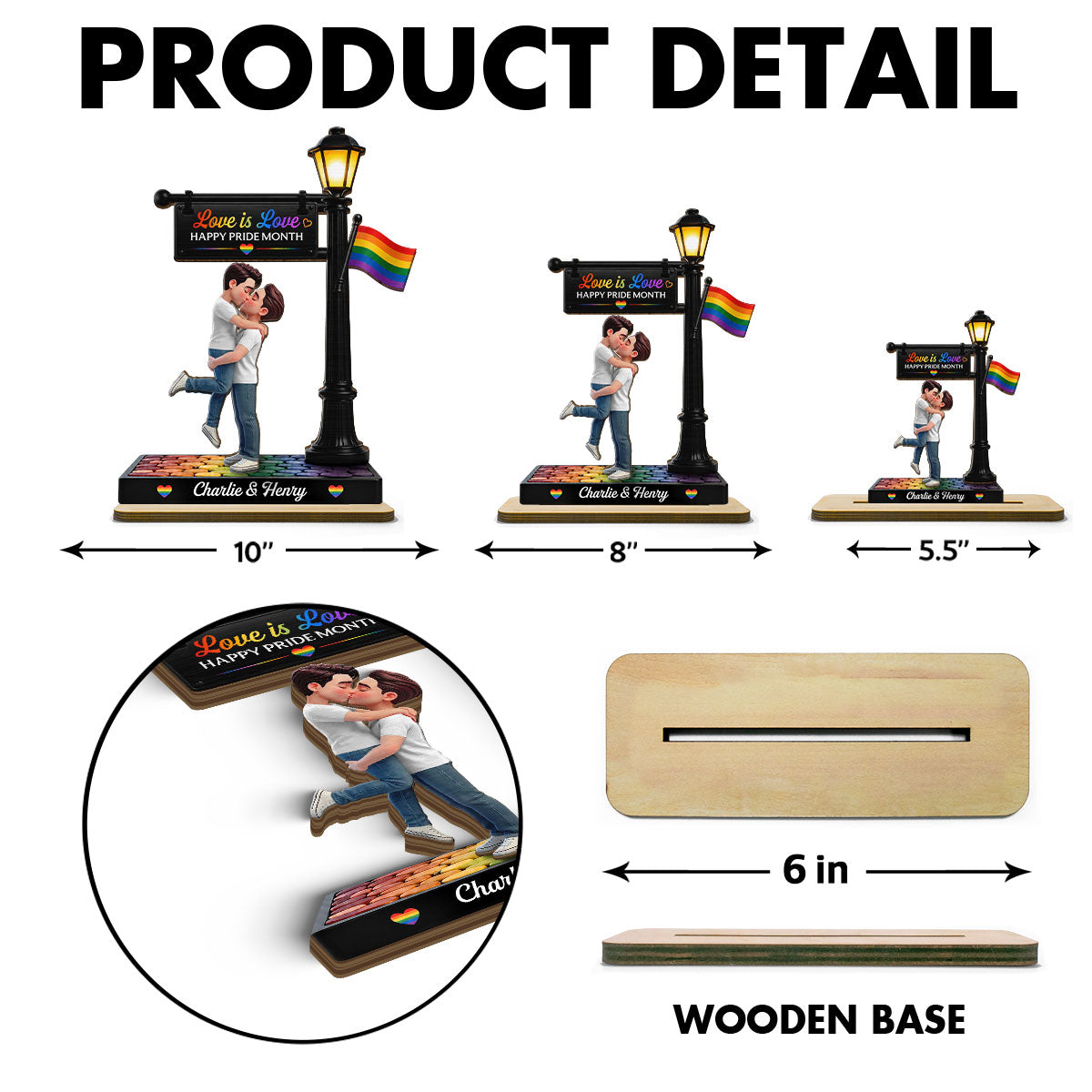 LGBT Couple Under Lamp Post - Personalized 2-Layered Wooden Plaque - Gift For Couple, Happy Pride Month