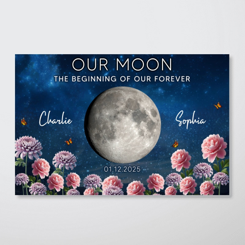 Couple Custom Moon Phase Anniversary Date Birth Month Flowers - Personalized Poster - Valentine's Day Gift For Couple