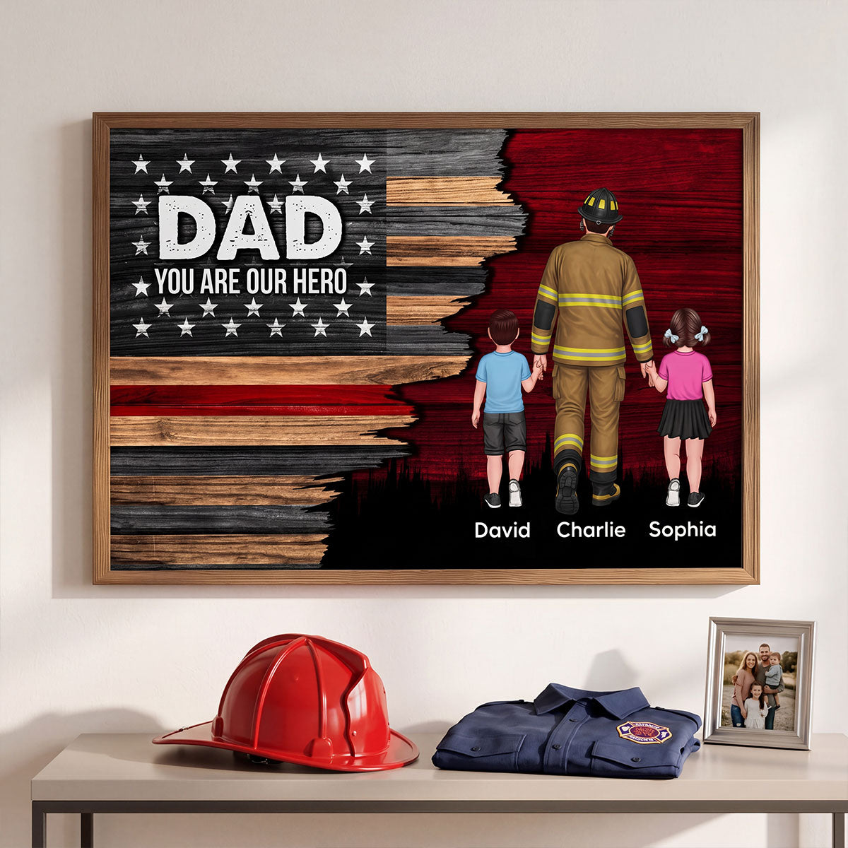 Firefighter Half Thin Red Line Flag Dad Grandpa - Personalized Poster - Father's Day Gift For Dad, Grandpa