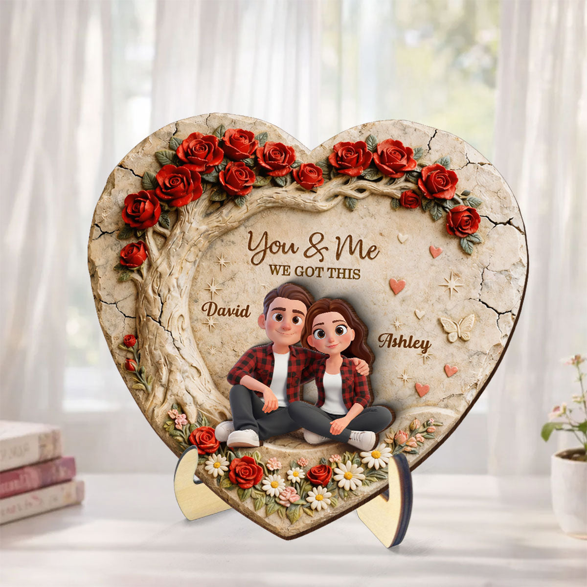 Couple Stone Romantic Heart Rose - Personalized 2-Layered Wooden Plaque - Anniversary, Valentine's Day Gift, Gift For Him, Gift For Her