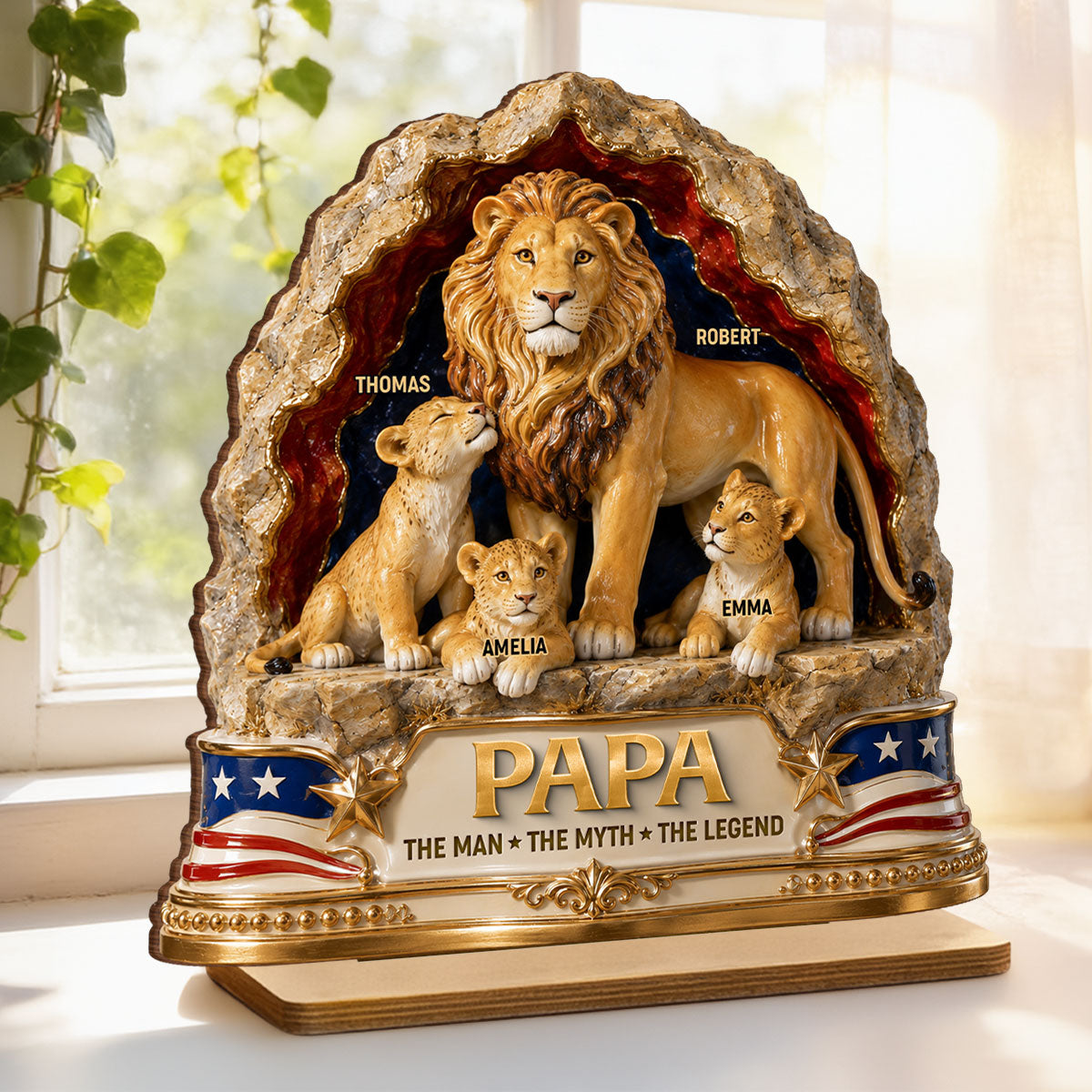 Lion Dad the Legend - Personalized 2-Layered Wooden Plaque -  Gift for Dad, Husband